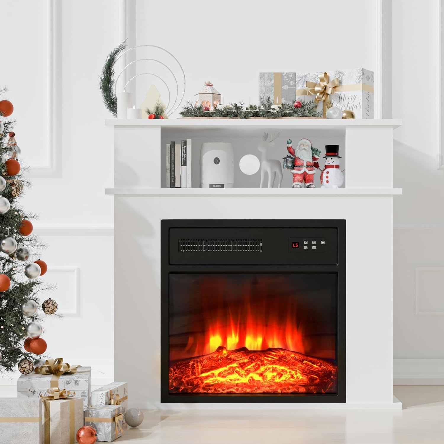 BOSSIN 28" Electric Fireplace with Mantel, Replaceable Fire Place Insert with Remote Control, Freestanding, Realistic Log and Flame Effect, Mantel Fireplace with Storage Shelf, 750/1500W, White