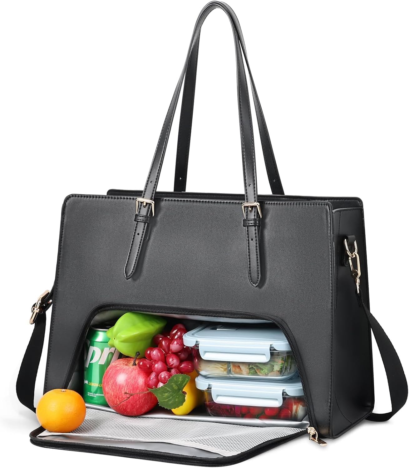 Jetviivid Laptop Tote Bag with Insulated Lunch Compartment, 15.6 Inch PU Leather Briefcase for Women, Waterproof Laptop Handbag Computer Shoulder Bag for Business, Office, Work, College, Black
