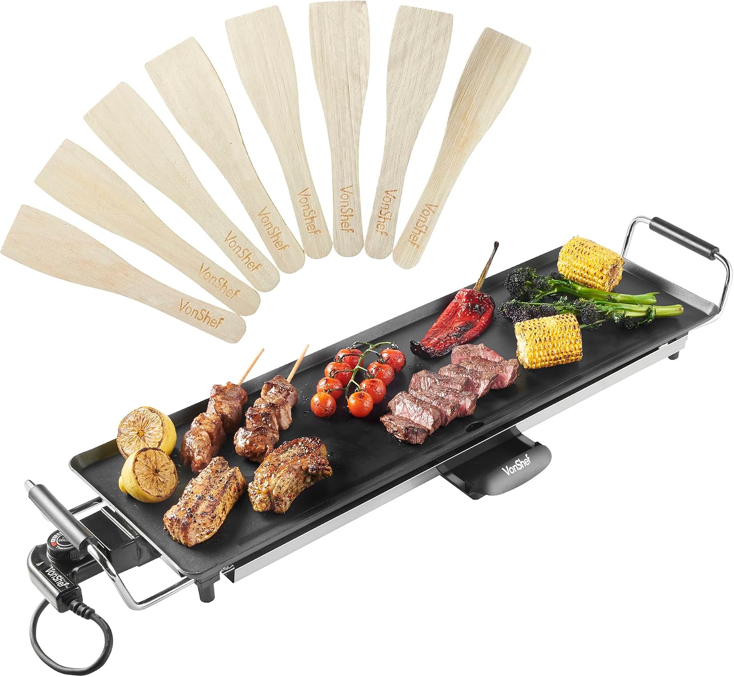VonShef Teppanyaki Grill XL - 2000W Electric Griddle with Non-Stick Plate, Easy Clean BBQ Table Top Grill, Adjustable Temperature, Oil Drip Tray & 8 Spatulas - Meat, Vegetables & Fish, 70x23x10cm