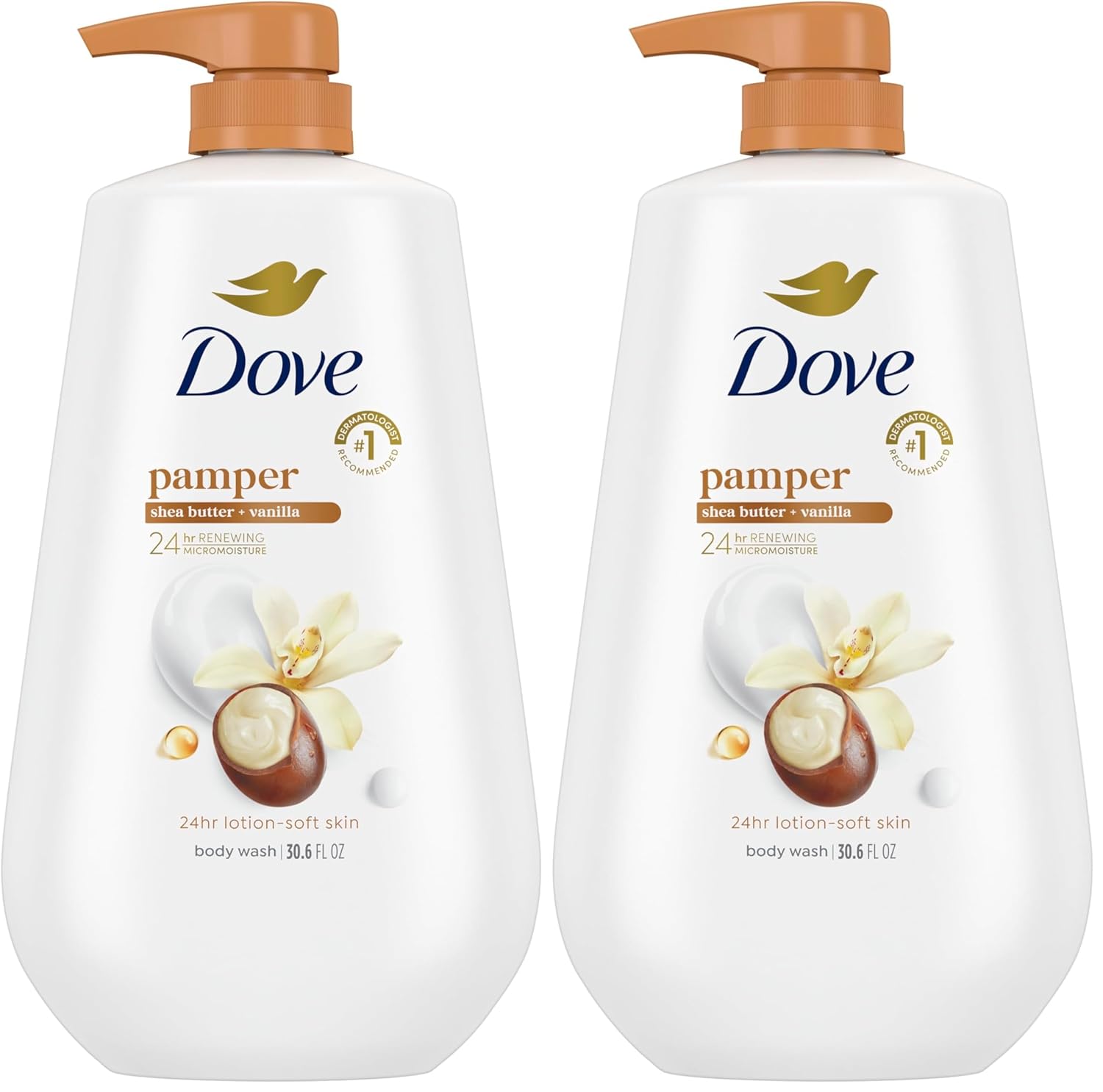 Dove Body Wash with Pump Pamper Shea Butter & Vanilla for 24hr Lotion-Soft Skin Moisturizing Skin Cleanser with No Sulfates No Parabens 30.6 oz,(Pack of 2)