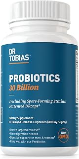 Dr. Tobias Probiotics 30 Billion, 10 Strains, 30 Billion CFU's, Targeted Release Probiotics for Women & Men, Supports Digestive Health, Shelf-Stable, Non-GMO, 30 Capsules, 30 Servings
