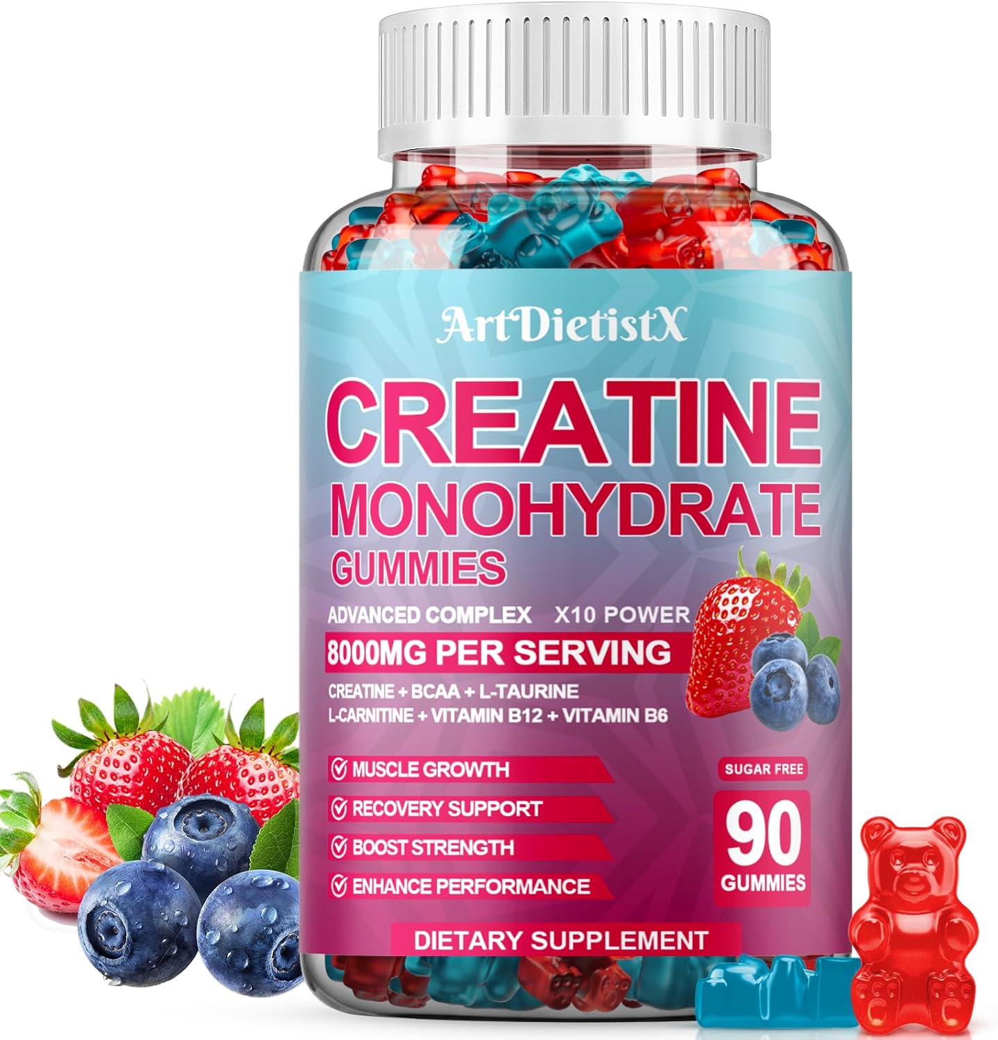 Creatine Monohydrate 8000mg Gummies with BCAA, L-Carnitine, Taurine & Vitamin B12 - Pre Workout Supplement for Muscle Growth, Strength & Energy, Multi-Flavor Chewable Gummies, 90 Count for Men & Women