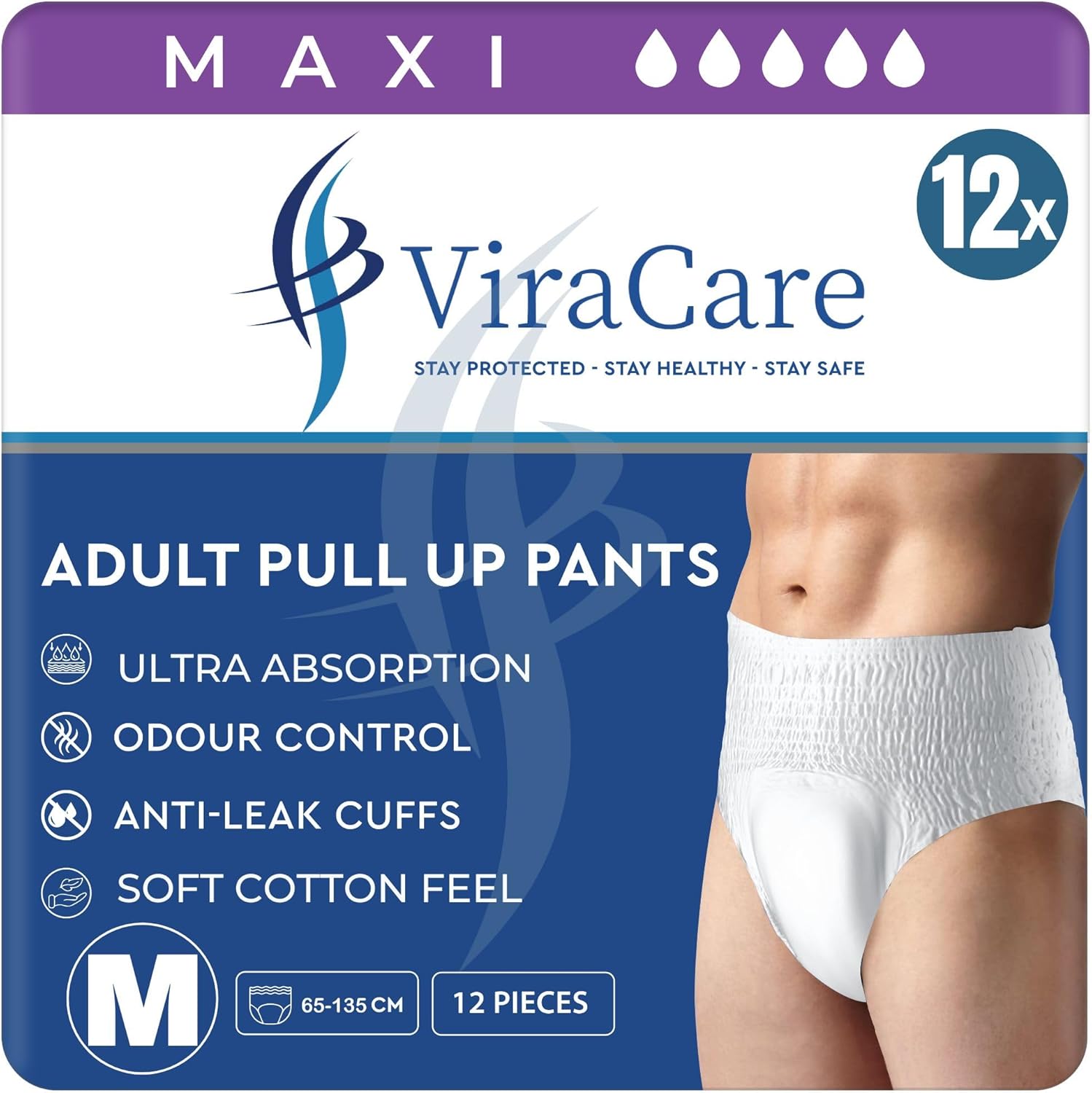 12 x Maxi Incontinence Pants Women & Men | Adults Diapers | Ultra Absorption and Soft-Stretch Waistband | Adults Pull Up Pants | Waist Size Medium 65-135 cm | (1 Pack of 12, Medium)