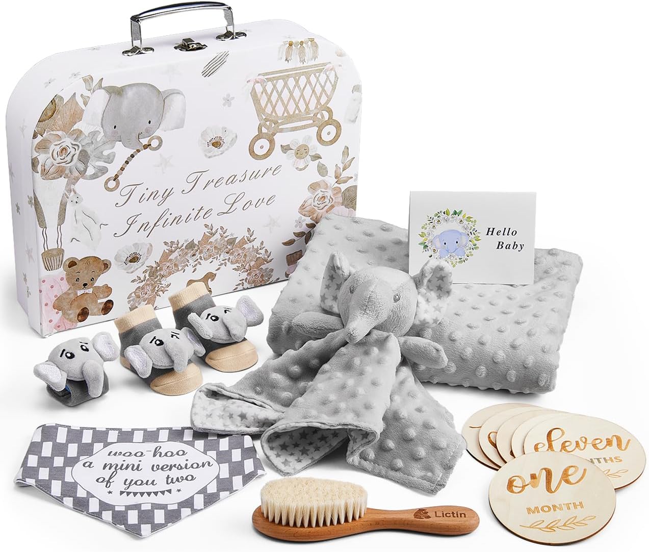 Lictin Baby Gift Set for Boys Girls, 14PCS Baby Shower Gifts, Neutral Newborn Gifts Basket with Baby Blanket, Wooden Monthly Milestone Cards, Elephant Security Blanket (Grey, 14pcs)
