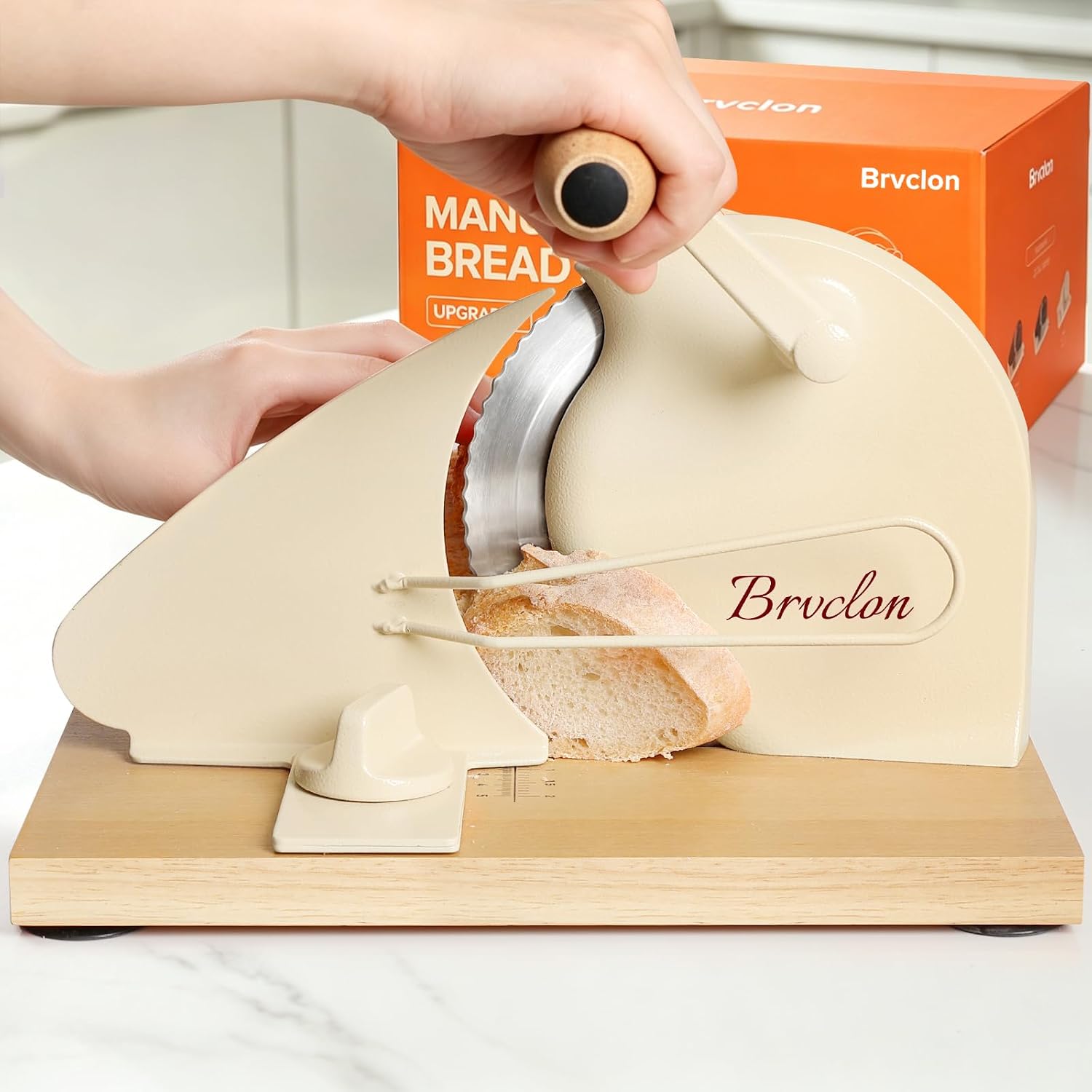 Brvclon Manual Bread Slicer Adjustable Thickness, Hand Crank Bread Slicer for Homemade Sourdough Bread with Scale Line & Suction Cup & Metal Guide,Quality Solid Wood Base