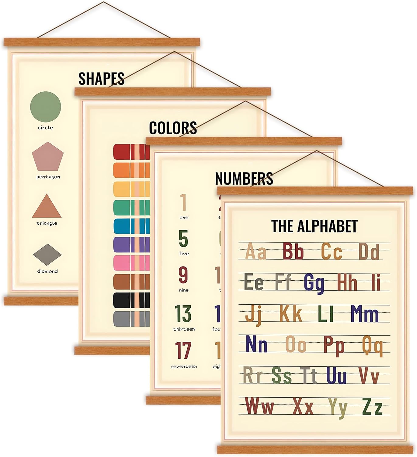 Benjia Alphabet Number Shape Color Poster Hanger Frame Set of 4, Animal Preschool Educational Learning Poster Nursery Classroom Boho Wall Hanging Decor for Toddler Kid Playroom Homeschool, 12x16 inch
