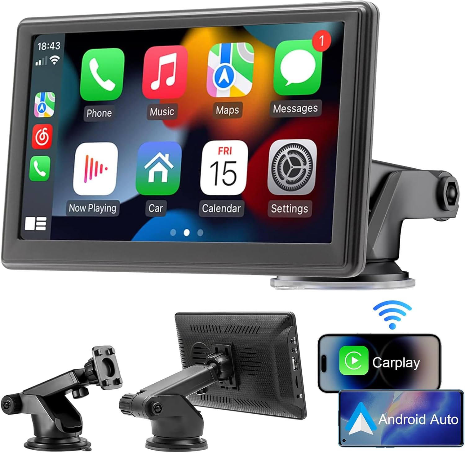 AKOFIC Wireless Car Play Screen, Portable Car Video Player Compatible with Apple Carplay & Android Auto, 7 Inch IPS Touch Screen Car Stereos with GPS Navigation, Mirror Link, Bluetooth, FM