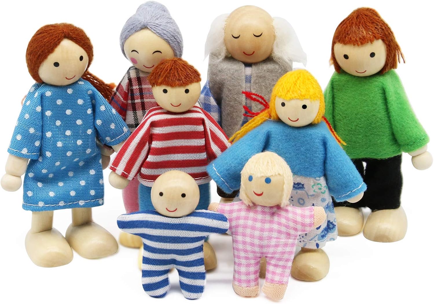 Wagoog Dolls House Dolls Family Set, Wooden 8 Mini People Figures Dolls Playset for Dollhouse Accessories Girls Kids Children Pretend Toy Gift
