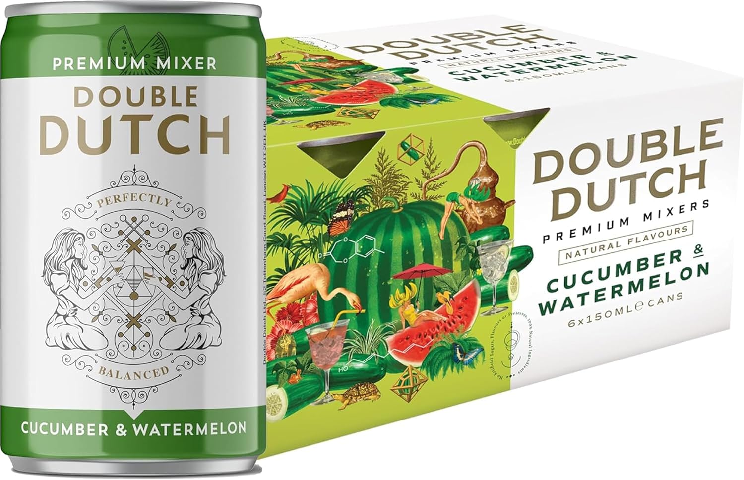 Double Dutch Cucumber & Watermelon Soda | Low Calorie Diet Soft Drink | 100% Natural Ingredients | Gluten Free, Vegan Friendly Premium Mixer Perfect For Gin, Vodka & Cocktails | 6 x 150ml Cans