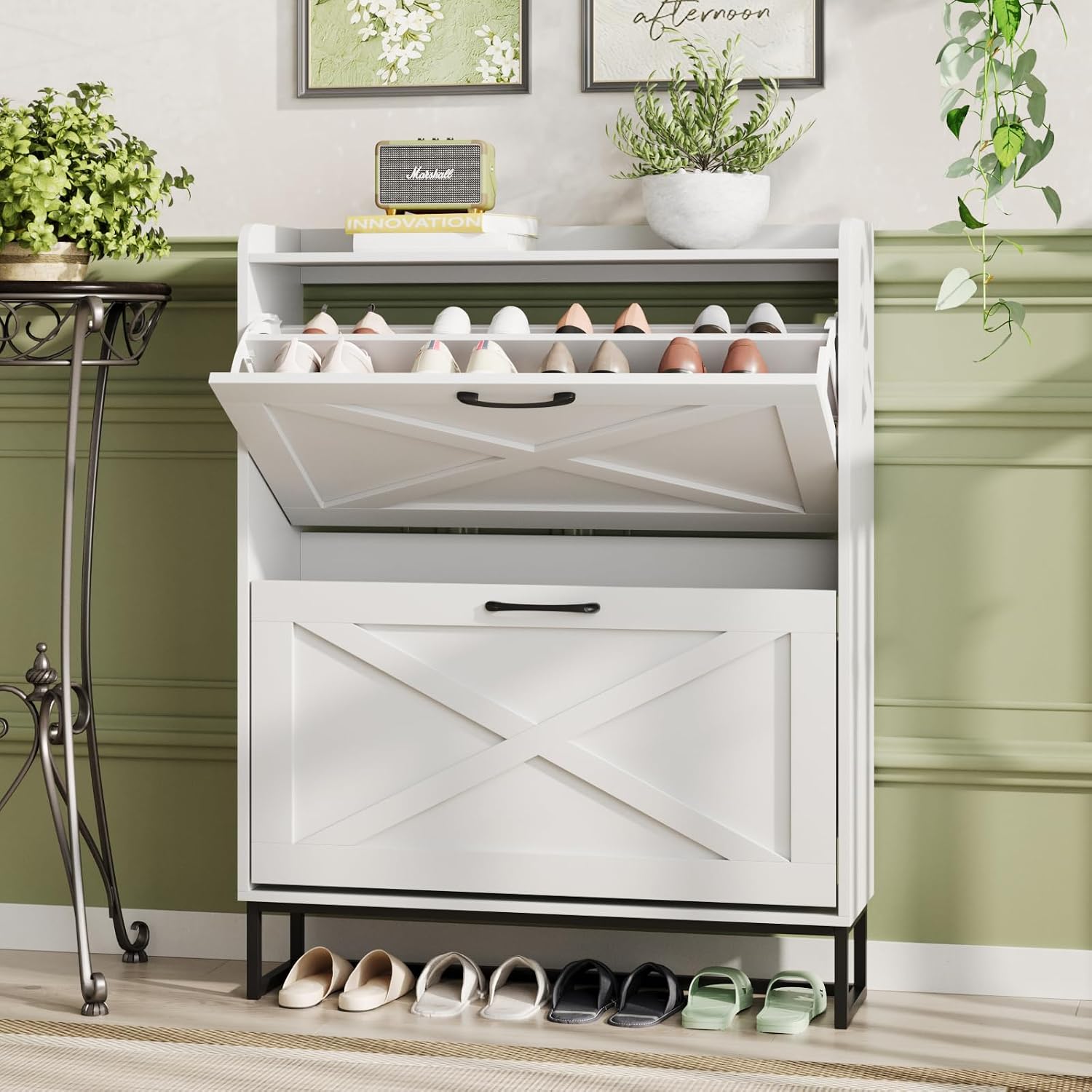 Maupvit Shoe Cabinet with 2 Flip Drawers, Freestanding Shoe Cabinet Organizer with Metal Legs, Shoes Storage Cabinet for Entryway, Narrow Shoe Rack Cabinet, White