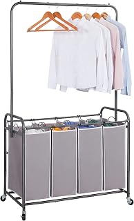 STORAGE MANIAC 181L Laundry Sorter with Hanging Bar, Portable, Removable Laundry Hamper Cart with Heavy Duty Rolling Lockable Wheels and Removable Bags, Rolling Laundry Basket Organizer, 4 Section