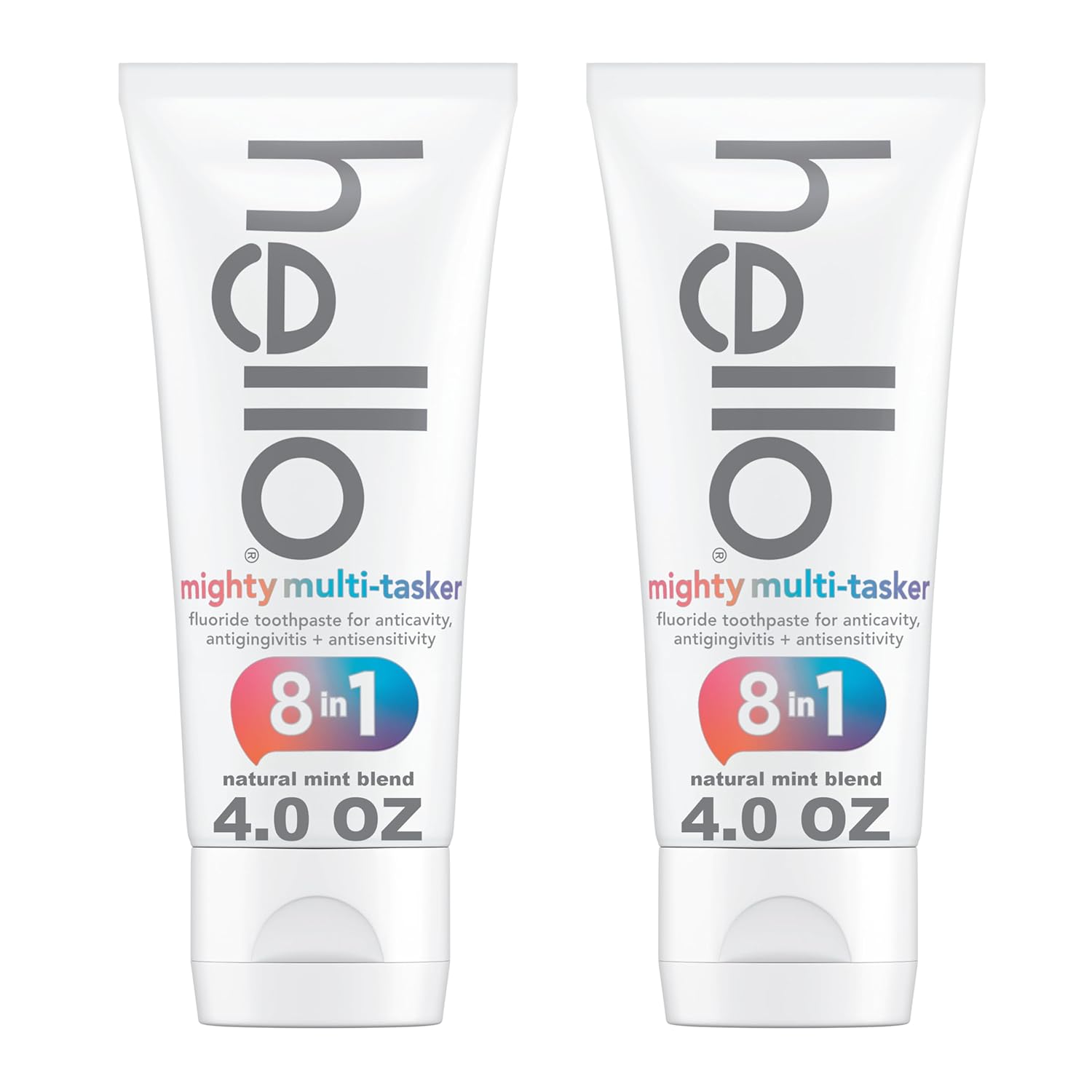 hello Mighty Multitasker Fluoride Toothpaste, 8-in-1 Toothpaste with Minty Flavor, Anticavity, Antigingivitis, Antisensitivity, Strengthens Enamel and Whitens, 2 Pack, 4.0 Oz Tubes