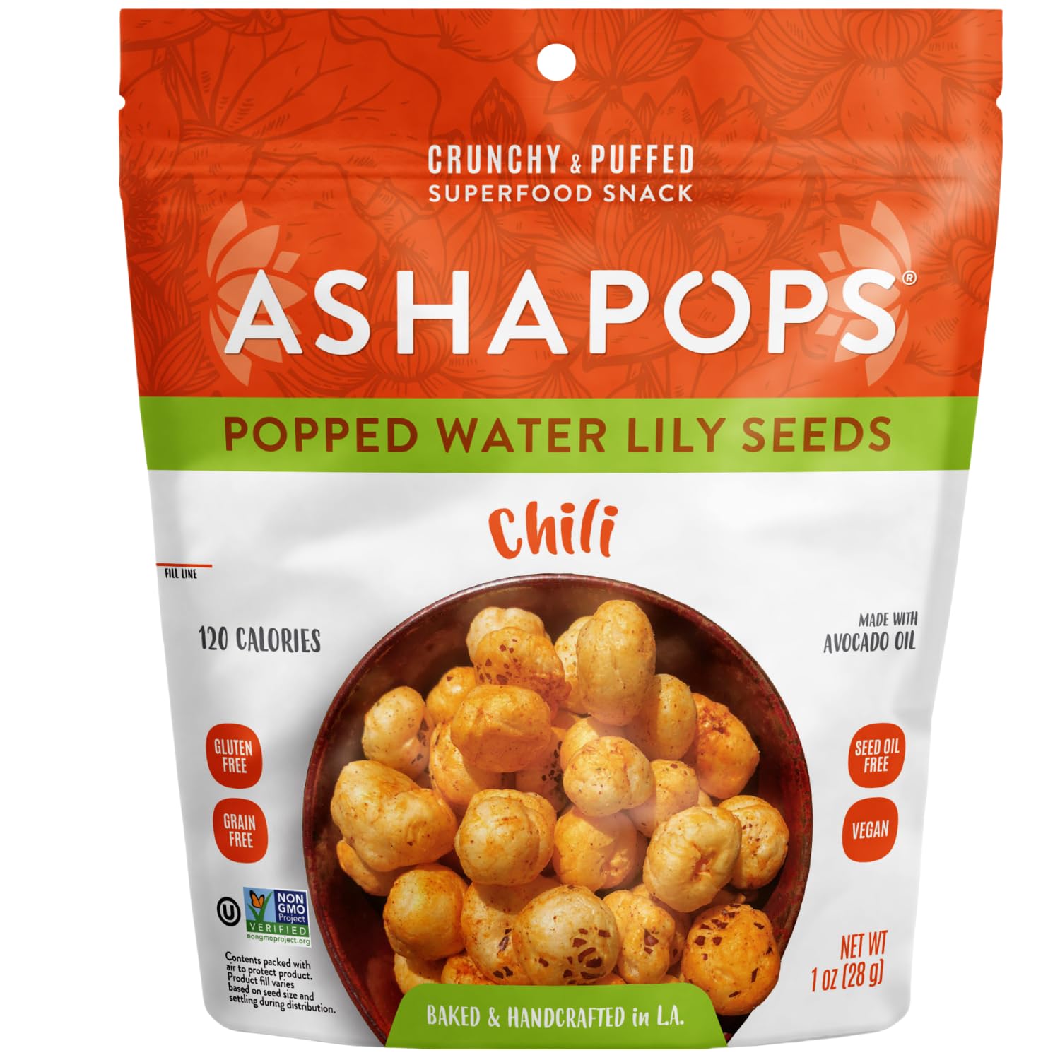 AshaPops Popped Water Lily Seeds, Chili, 1 oz Bags, Pack of 1