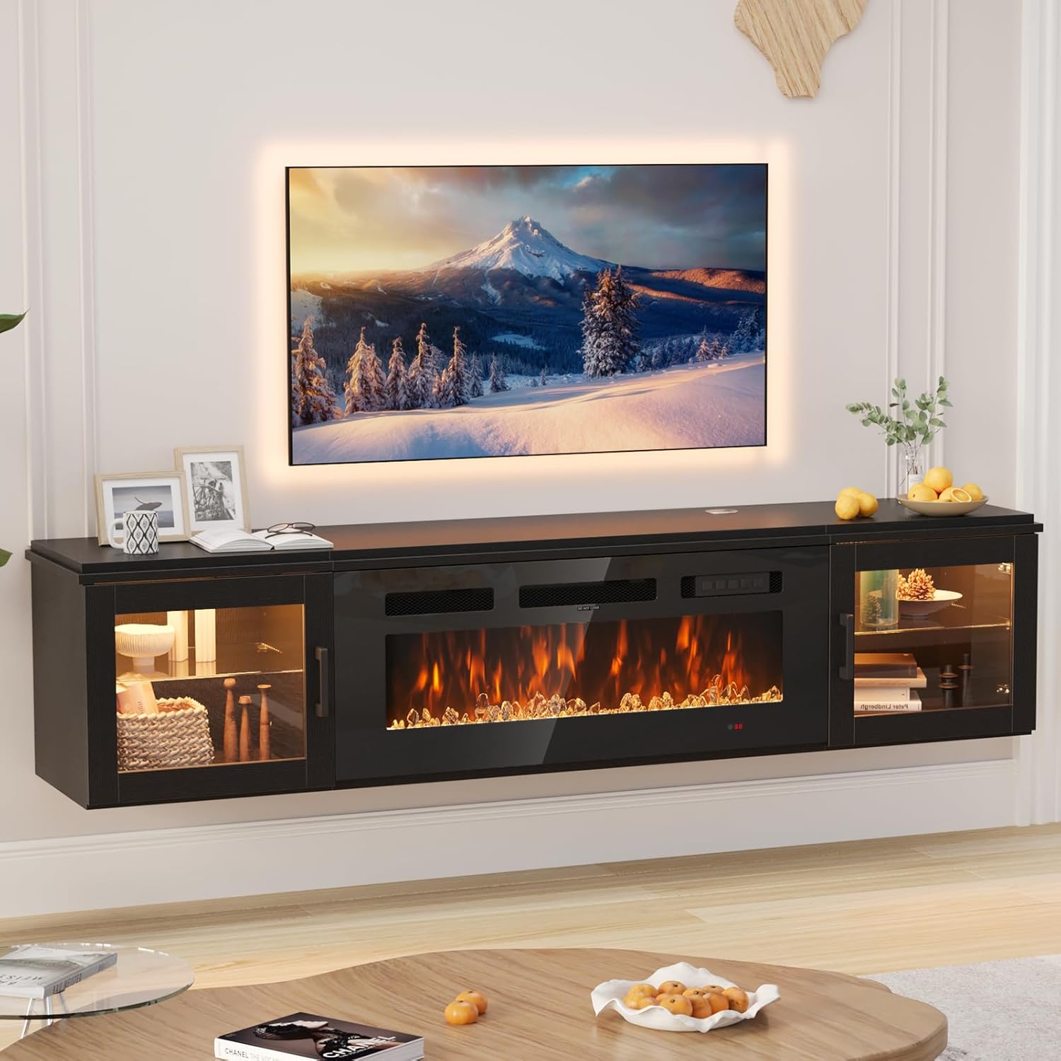 70" Floating TV Stand with 36" Electric Fireplace, High Gloss Finish Wall Mounted Fireplace Entertainment Center with Storage for TVs Up to 80", Black TV Stand and Black Fireplace