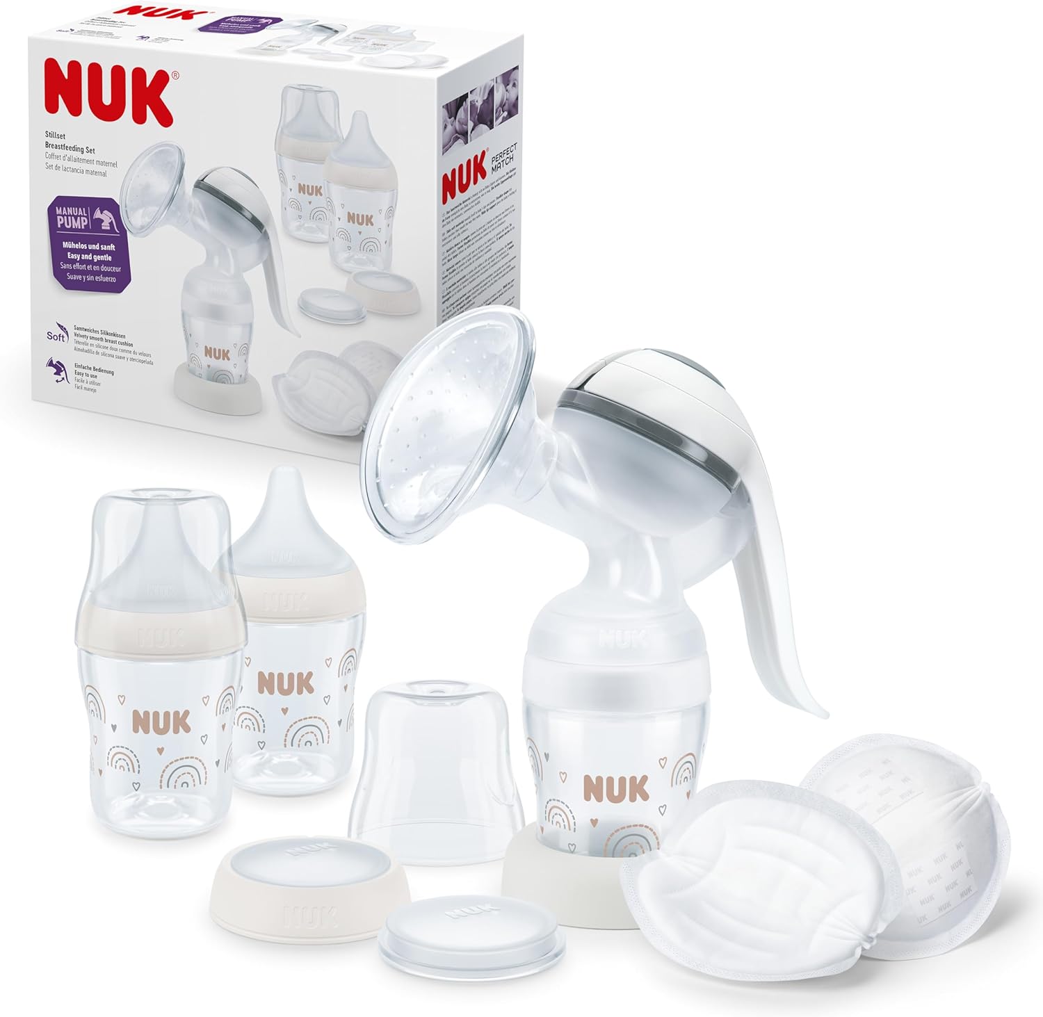 NUK Manual Breast Pump Set | Soft Silicone Cushion | Ergonomic Lever | 2 x Perfect Match Baby Bottles | 150ml | 2 x NUK High Performance Disposable Breast Pads