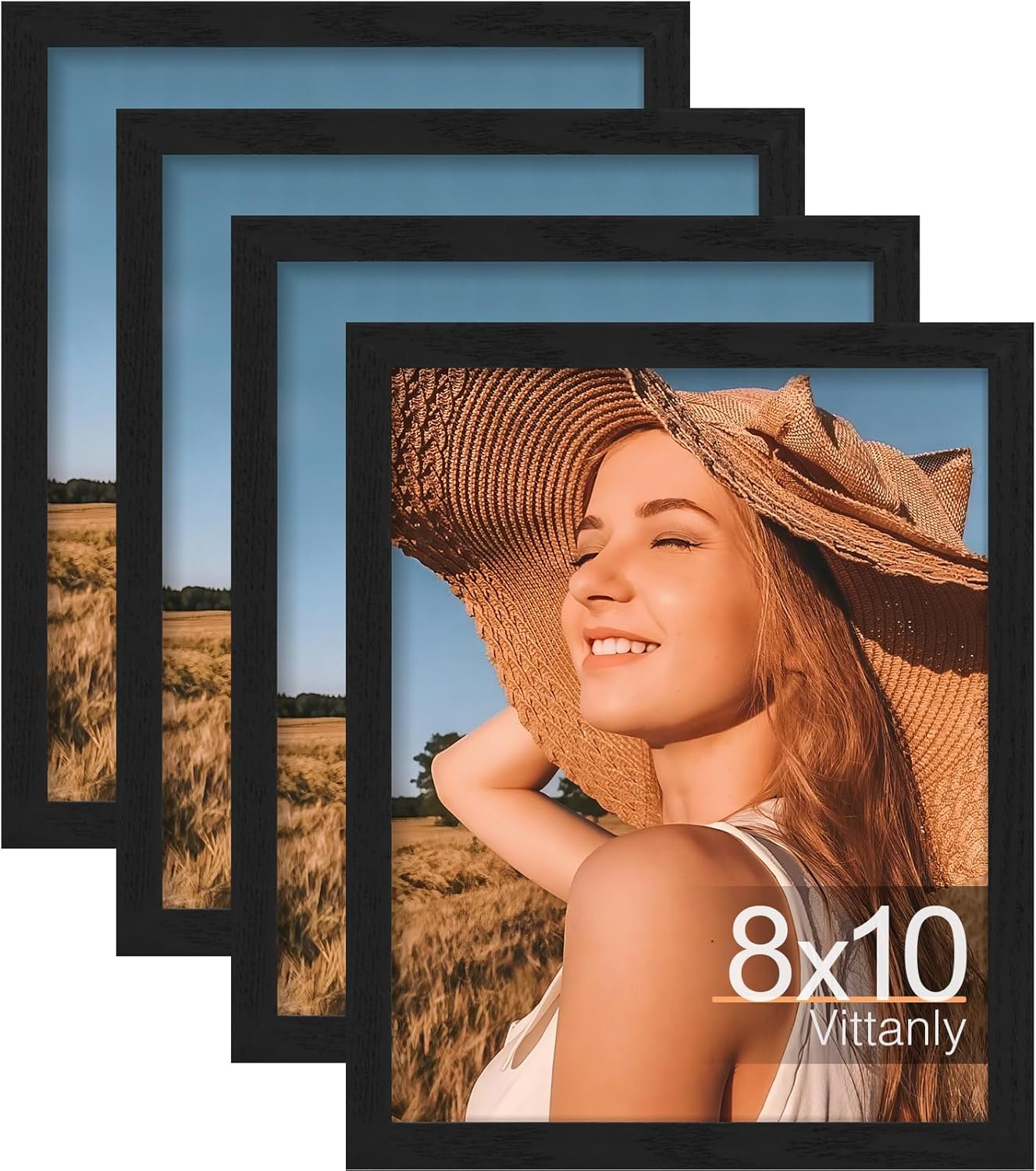 Vittanly 8x10 Picture Frame Set of 4, Display Pictures 5x7 with Mat or 8x10 without Mat, Engineered Wood with Shatter Resistant Plexiglass, Wall Gallery Photo Frames for Wall or Tabletop, Black