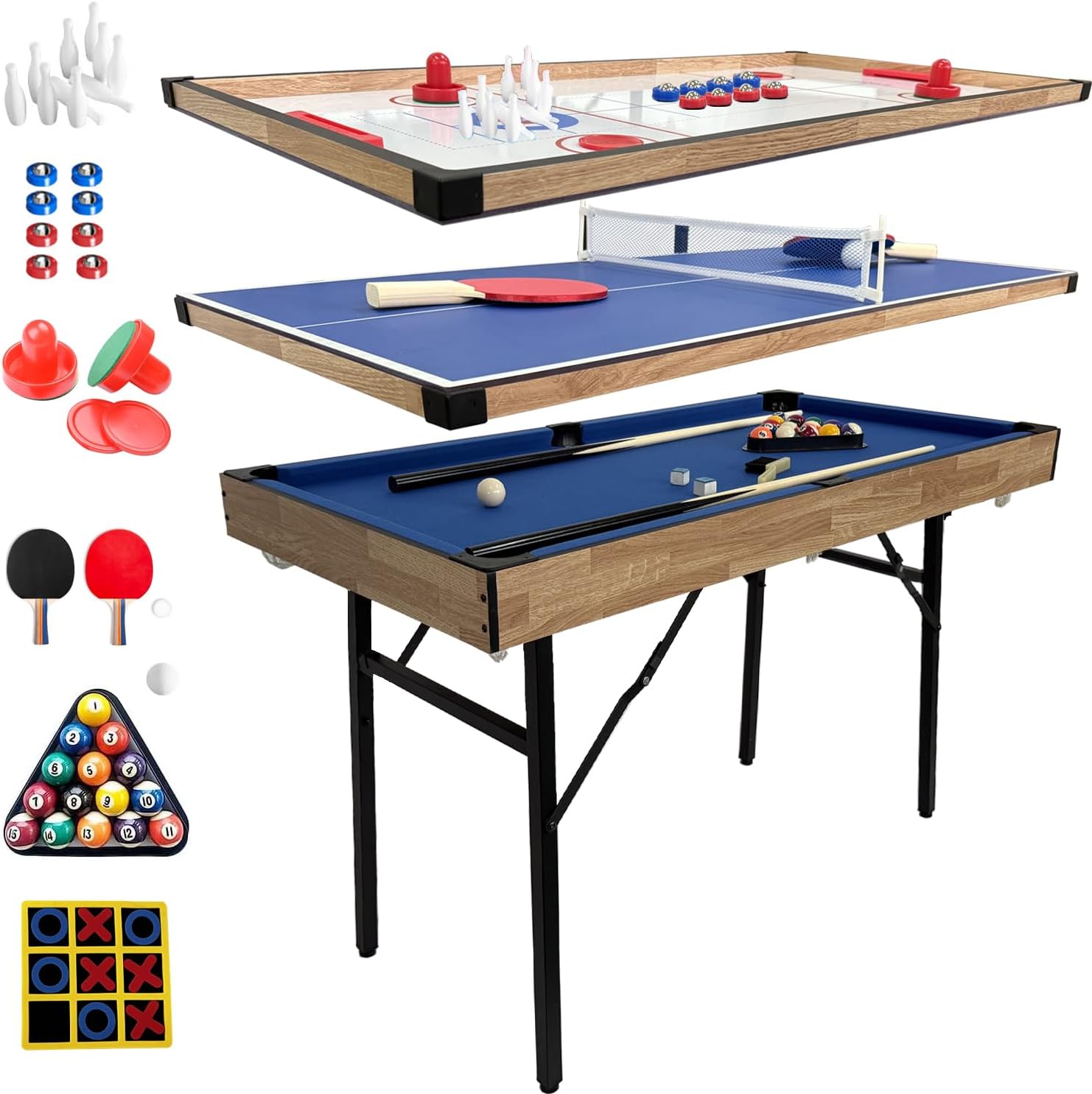 6 in 1 Multi Game Table Folding Pool Table, Billiard, Hockey, Table Tennis, Bowling, Shuffle Board and Tic Tac Toe with All Accessories(4FT)