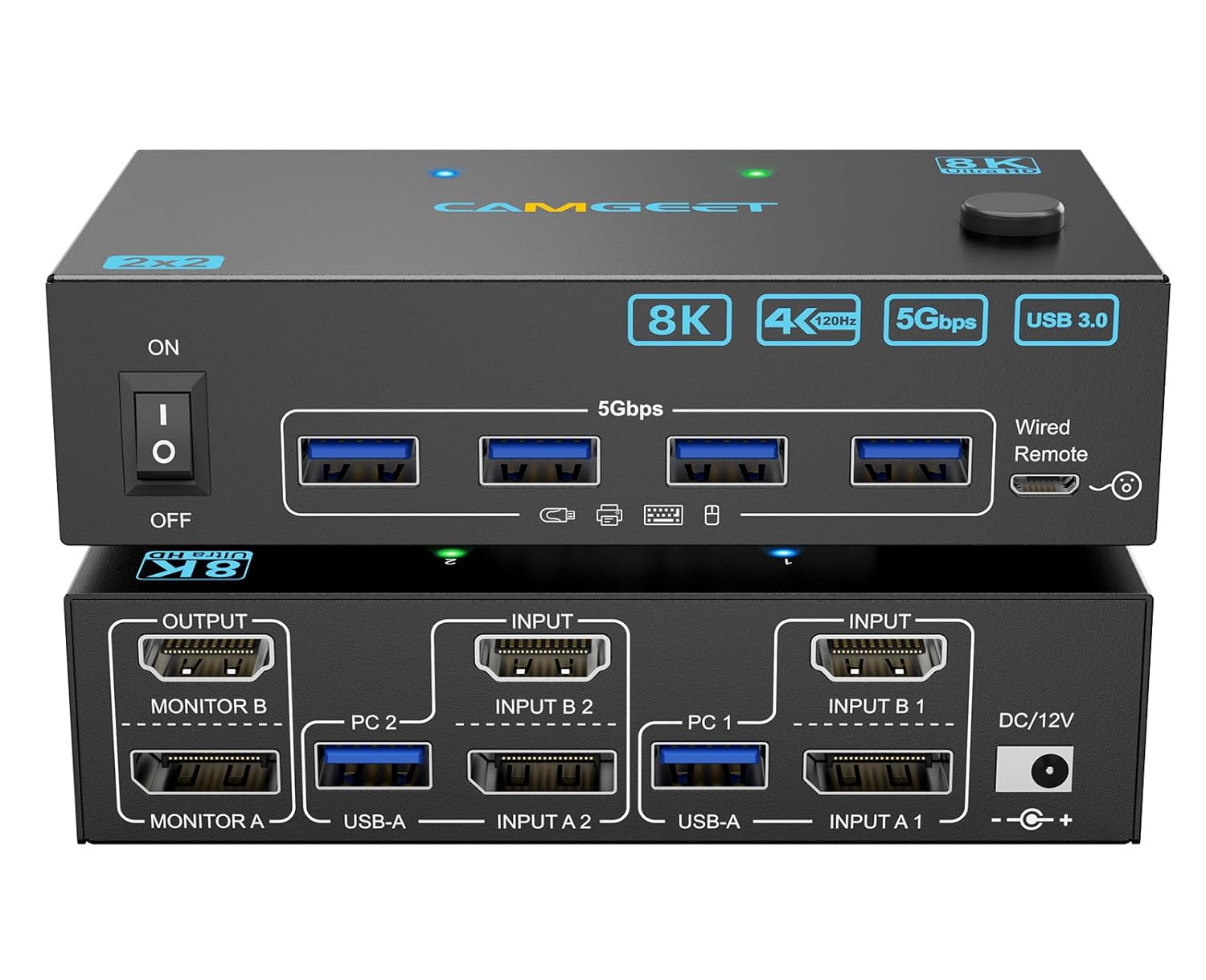 4K@144Hz KVM Switch 2 Monitors 2 Computers 8K@60Hz,Camgeet HDMI and Displayport Dual Monitor KVM Switch with 4 USB 3.0 Port for Keyboard Mouse Printer,Wired Remote,Power Adapter and USB Cable Included