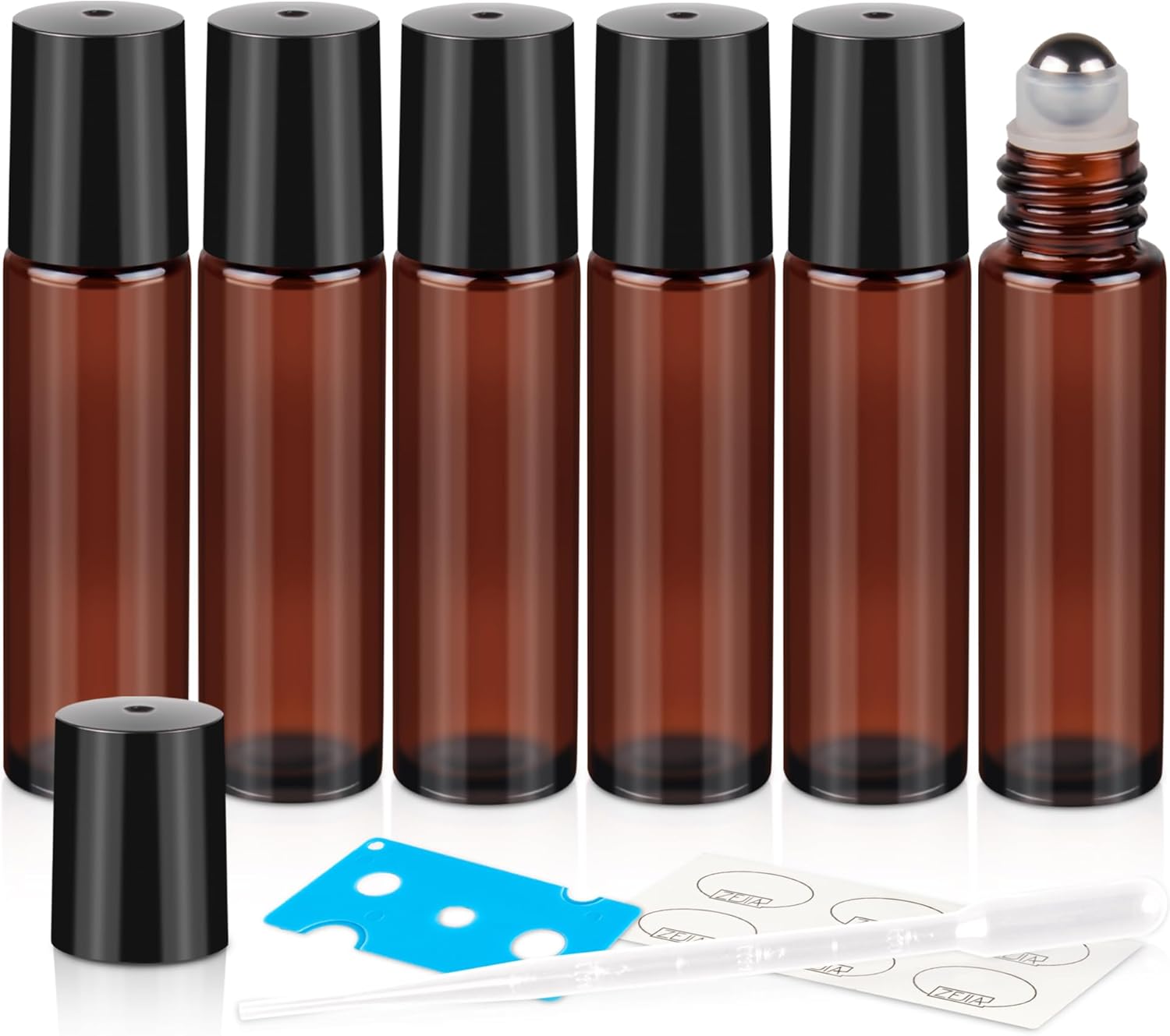 ZEJIA 10ml Roller Bottles 6Pack Amber Thick Glass Essential Oil Roller Bottles Stainless Steel Roller Ball with 2 Droppers
