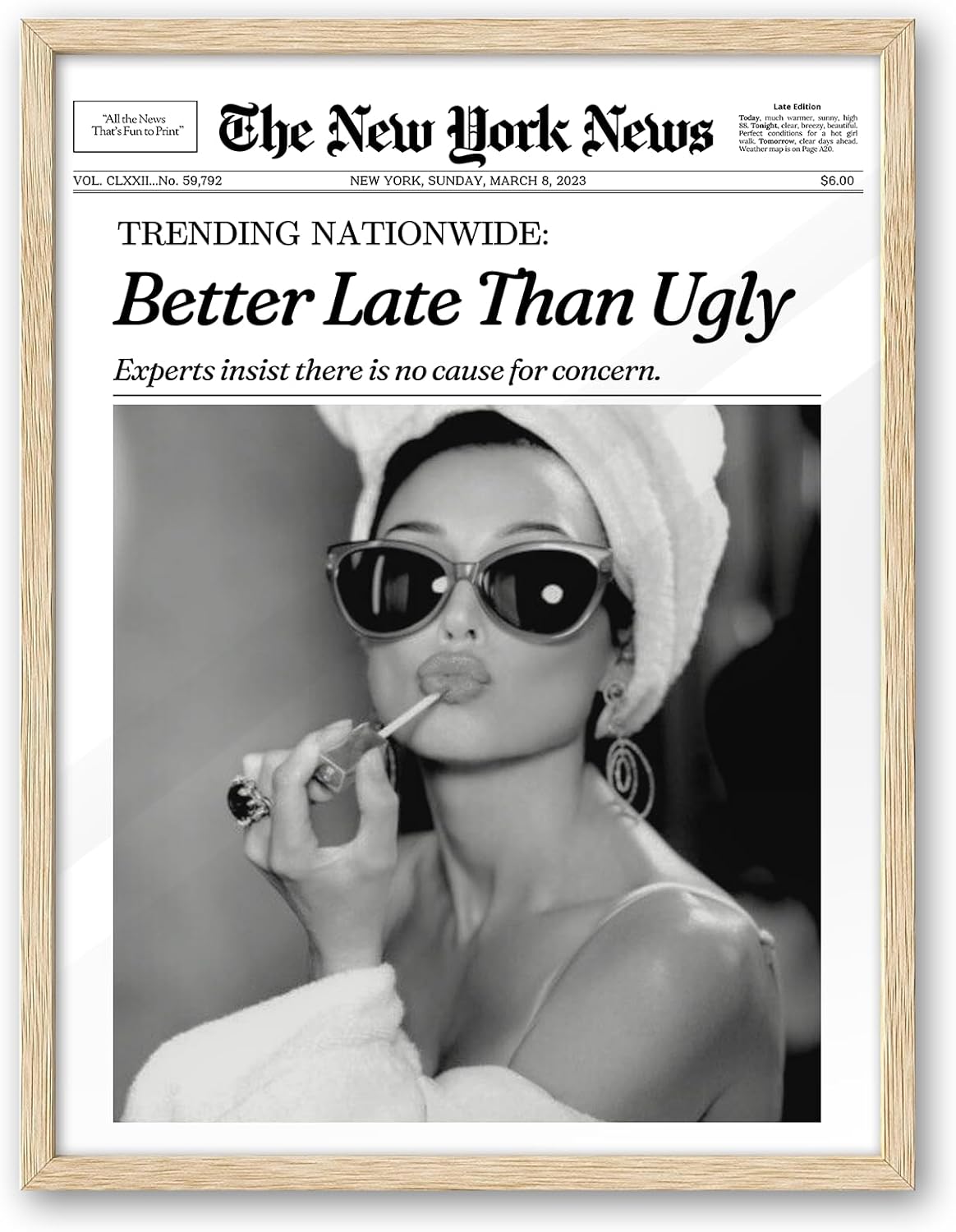 iHery Small Natural OAK Wood Hepburn Newspaper Trendy Framed Wall Art, 8X10 in Vintage Canvas Print, Beige Logs Retro Bathroom Art, Better Late Than Ugly, Set of 1 Apartment Girly Dorm Room
