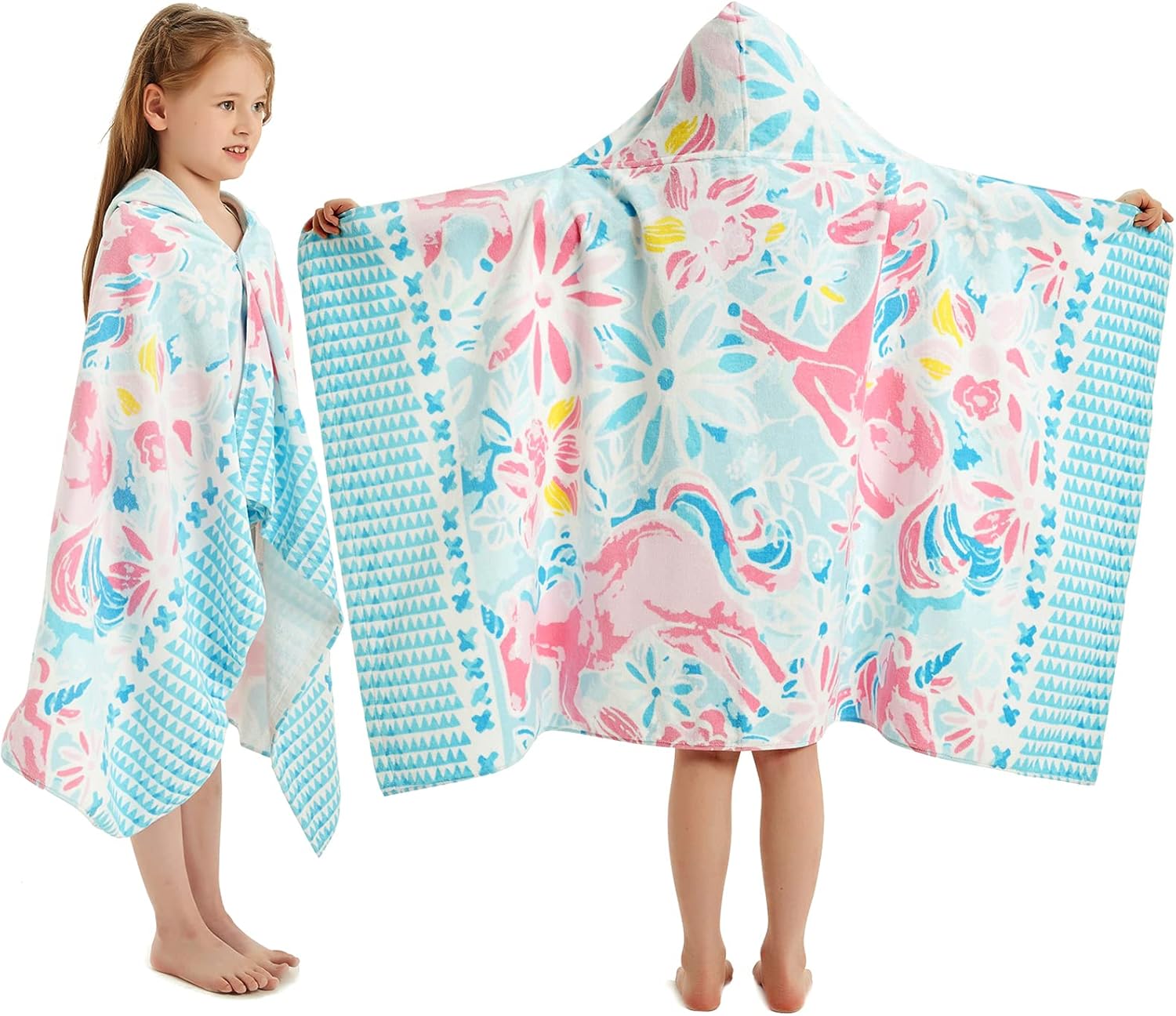 Girls' Hooded Bath Towel, Oversized 50" L x 30" W for Ages 3 to 12 Kids, Quick Dry Lightweight Soft Microfiber Hood Beach Towel Cover Up, Sunshine Unicorn Theme
