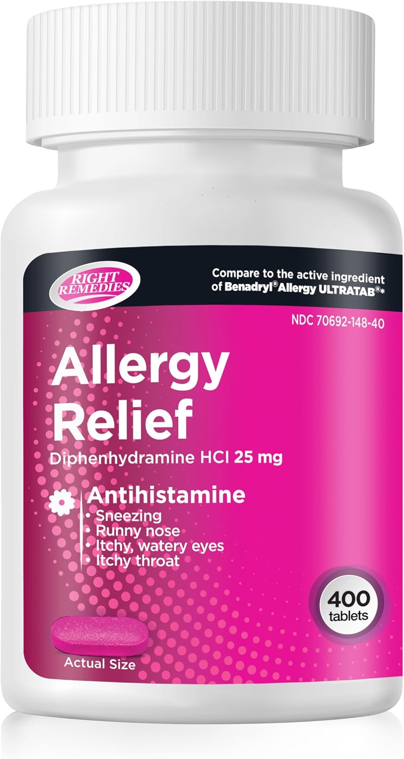 RIGHT REMEDIES Allergy Relief Antihistamine, Diphenhydramine HCl 25mg, Generic Ultratabs, Relieves Seasonal Indoor or Outdoor Upper Respiratory Allergies, 400 Count