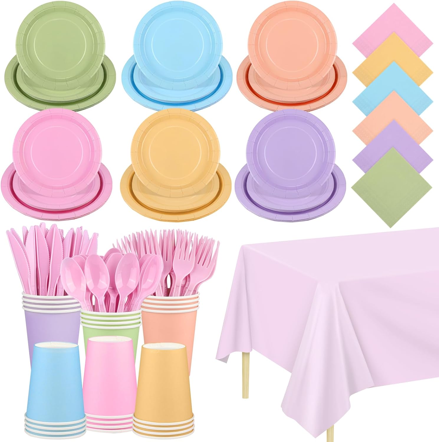 169 Pieces Pastel Party Supplies Disposable Dinnerware Set Include Plates and Cups Napkins Plastic Forks Knives Spoons Tablecloth for Wedding Birthday Party Decorations, Serve 24 Guests
