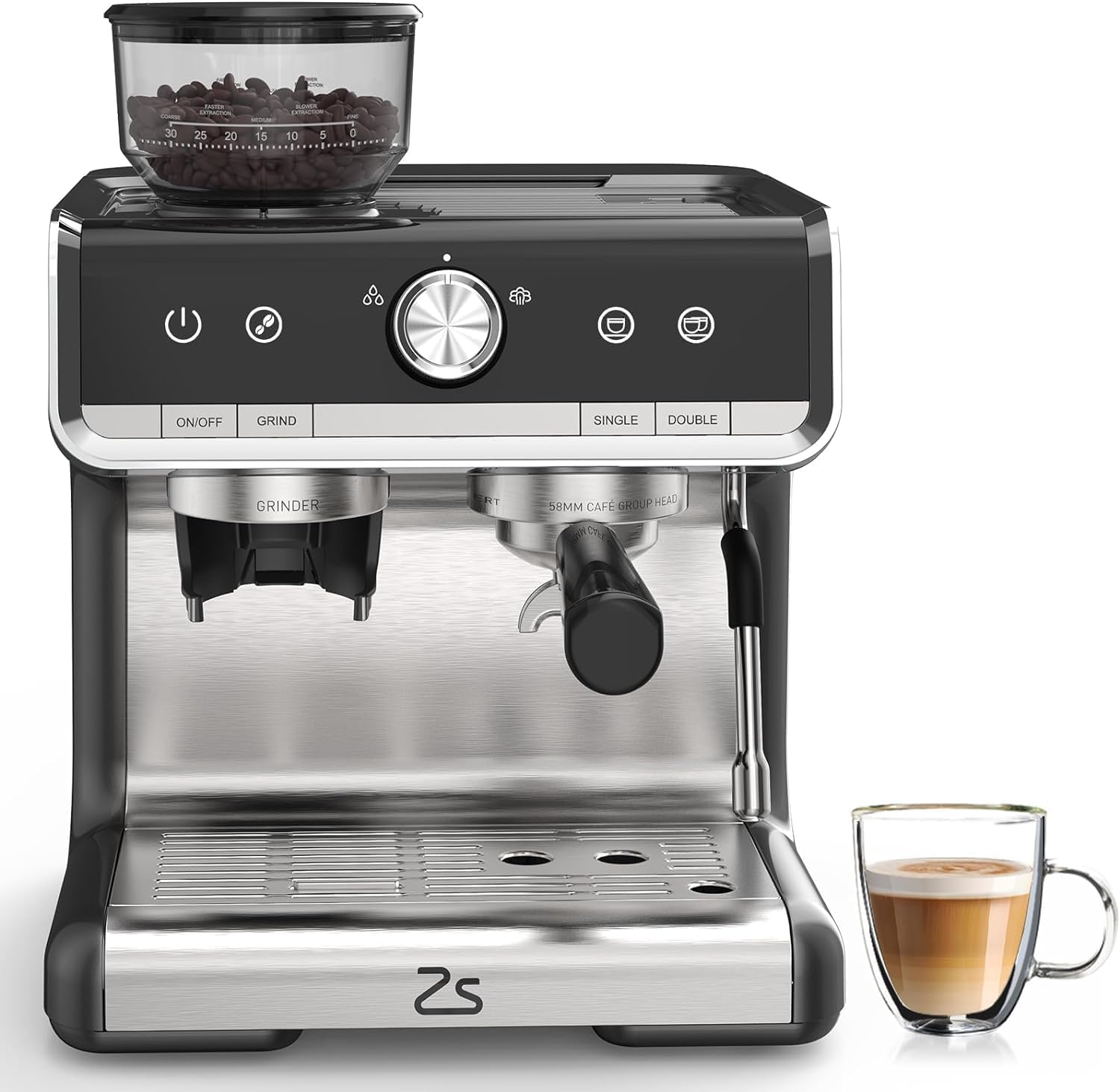 Semi-Automatic Espresso Machine - 1450W/20 Bar, 30 Grinder Settings, Fast Heating, Milk Frother Steam Wand, Home & Hotel Use, Silver