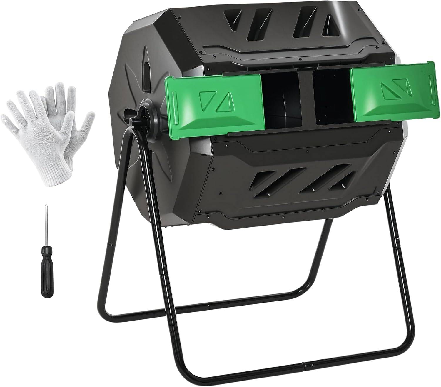 Outsunny 160L Tumbling Compost Bin Outdoor Dual Chamber 360° Rotating Composter, Garden Compost Bin w/Sliding Doors & Solid Steel Frame, Black