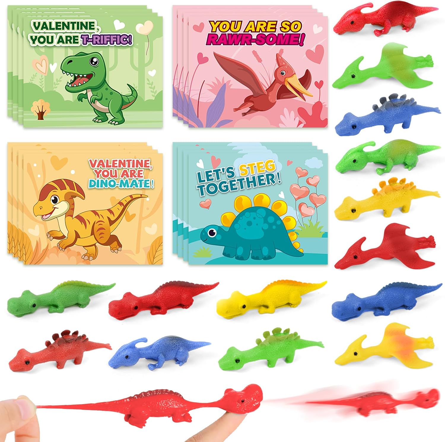 Valentines Day Cards for School Kids, 32 Pack Slingshot Dinosaur Finger Toys with Kids Valentines Day Cards, Valentines Exchange Cards for Kids, Valentines Party Favors, School Classroom Prize