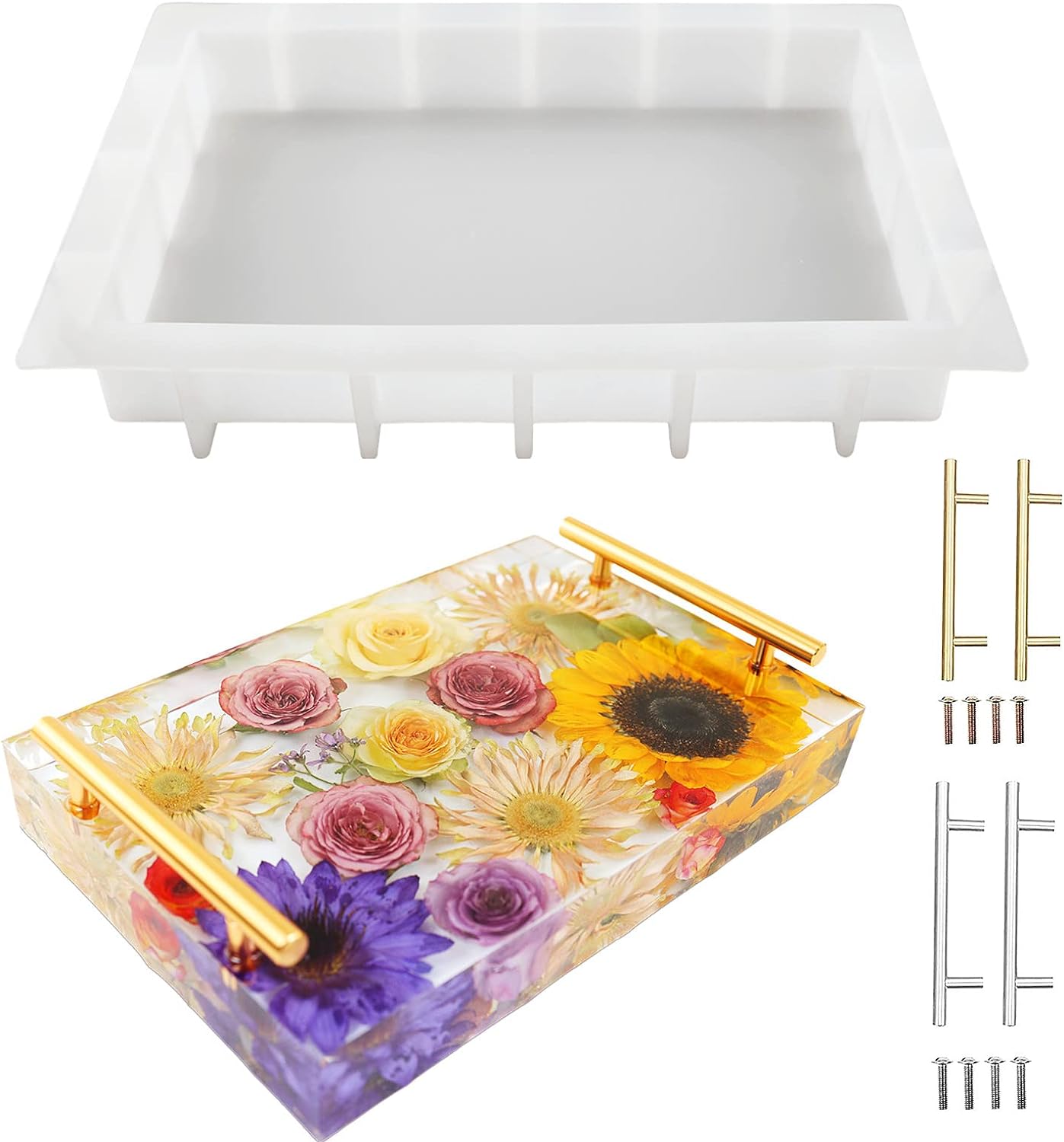 Large Silicone Tray Molds for Resin, 13.5"X9.5" Deep Rectangle Epoxy Tray Molds with 4pcs Gold & Silver Handles, Resin Table Mold for River Board Table DIY Art Home Decoration