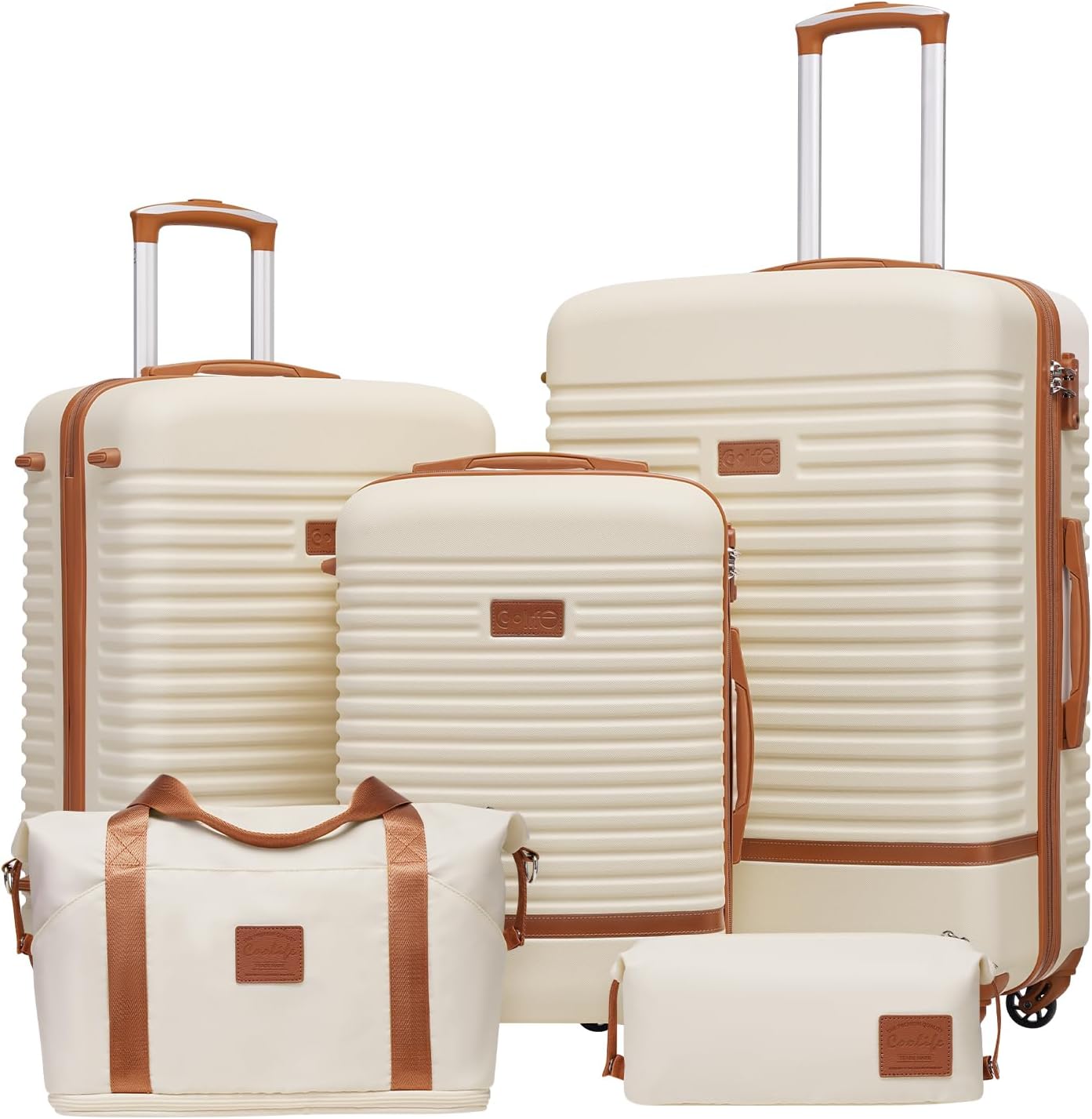 COOLIFE Suitcase Trolley Carry On Hand Cabin Luggage Hard Shell Travel Bag Lightweight with TSA Lock,The Suitcase Included 1pcs Travel Bag and 1pcs Toiletry Bag (White/Brown, 5 Piece Set)
