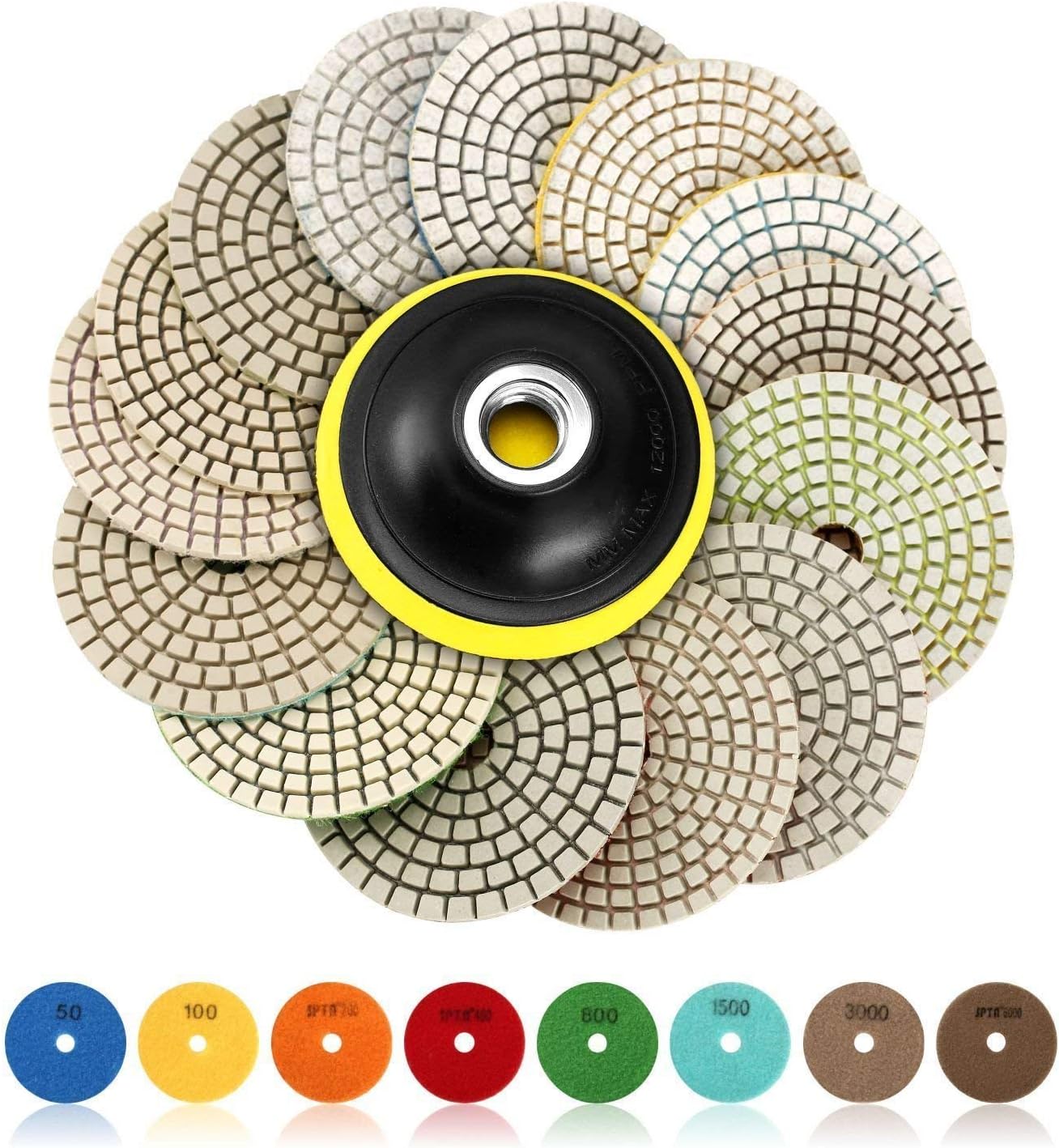 SPTA 15pcs Diamond Wet Polishing Pads polisher wheel disc, 4 inch Pads for Granite Stone Concrete Marble Floor Grinder or Polisher, 50#-6000# Hook & Loop Backing Holder Disc For Wet Polisher&Grinder