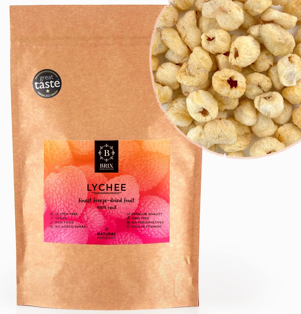 BRIX Freeze Dried Lychees | 100% Natural Dried Lychee Fruit 95g | Great Taste Award Dried Fruit | Non-GMO, Gluten Free, Vegan & Vitamins Retained