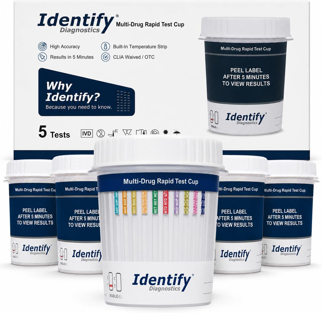 Identify Diagnostics 10 Panel Urine Drug Test Cup Kit - 5 Pack