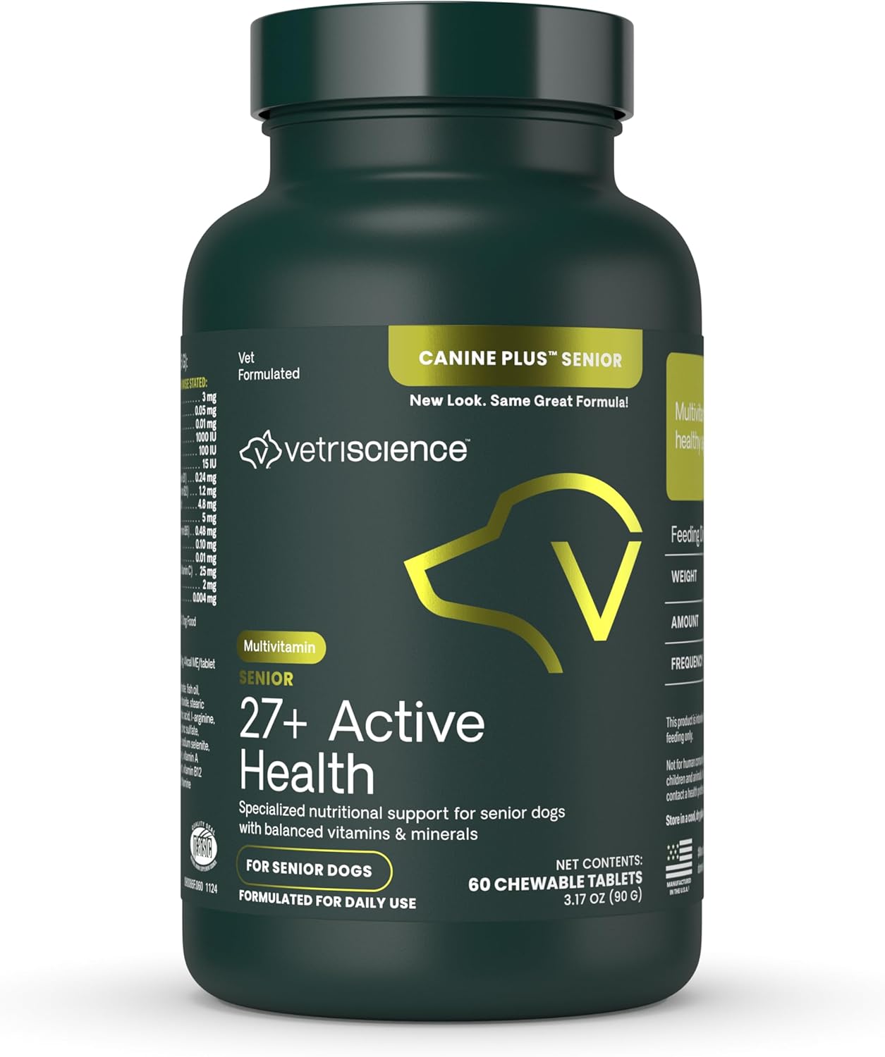VetriScience Senior 27+ Active Health Chewable Tablets, Canine Plus Daily Multivitamin for Senior Dogs, Balanced Vitamins, Minerals and Antioxidants, Aging and Wellness Support, Veggie, 60 Count