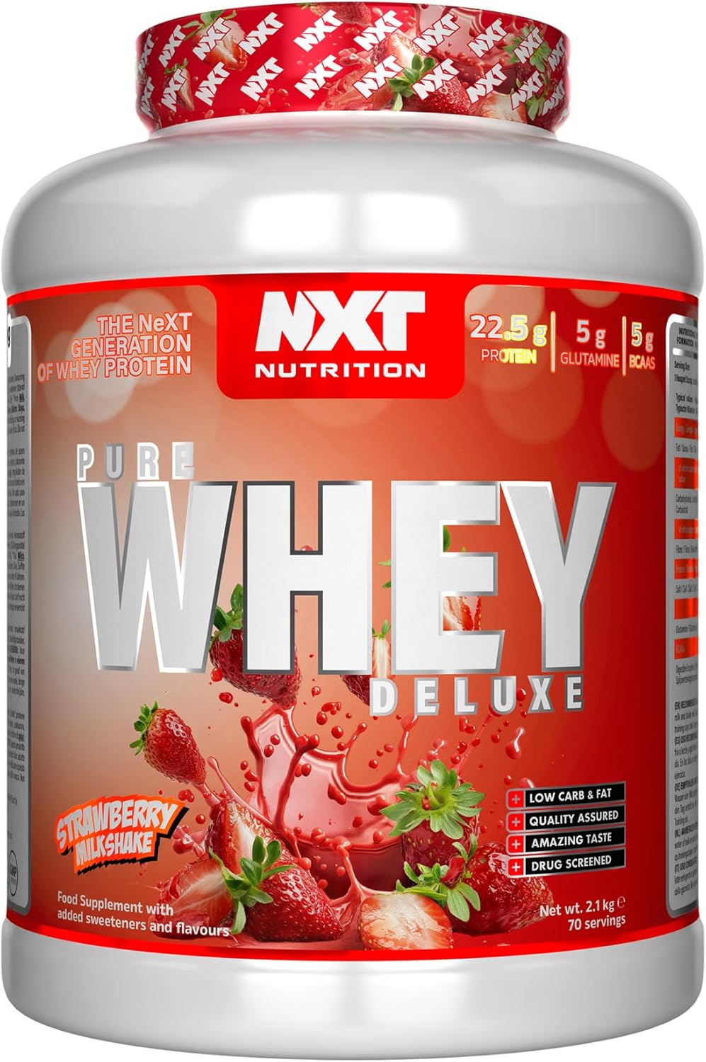 NXT Nutrition Pure Whey Deluxe 2.1kg | Whey Protein | Muscle Growth and Recovery | 70 Servings | 5g Glutamine | 5g BCAA | Strawberry Milkshake