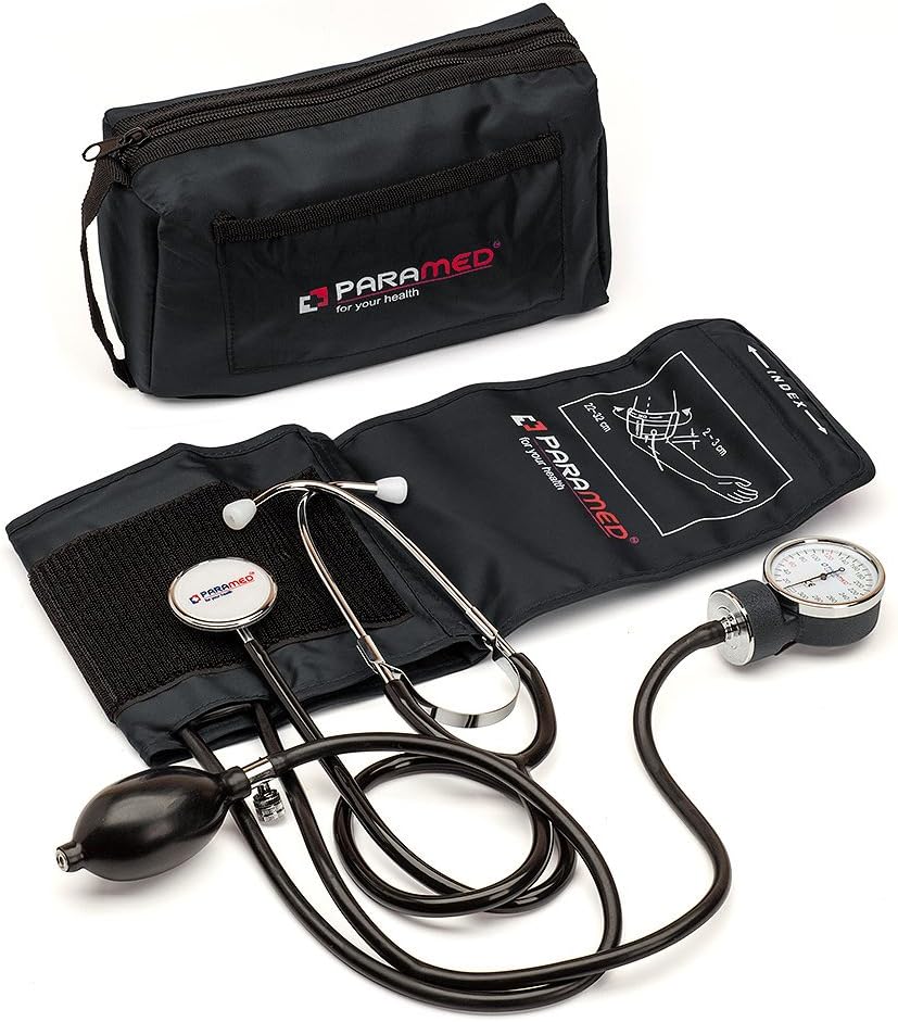 Manual Blood Pressure Cuff by Paramed – Professional Aneroid Sphygmomanometer with Carrying Case – Adult Sized Cuff – BP Monitor Set with Stethoscope (Black)