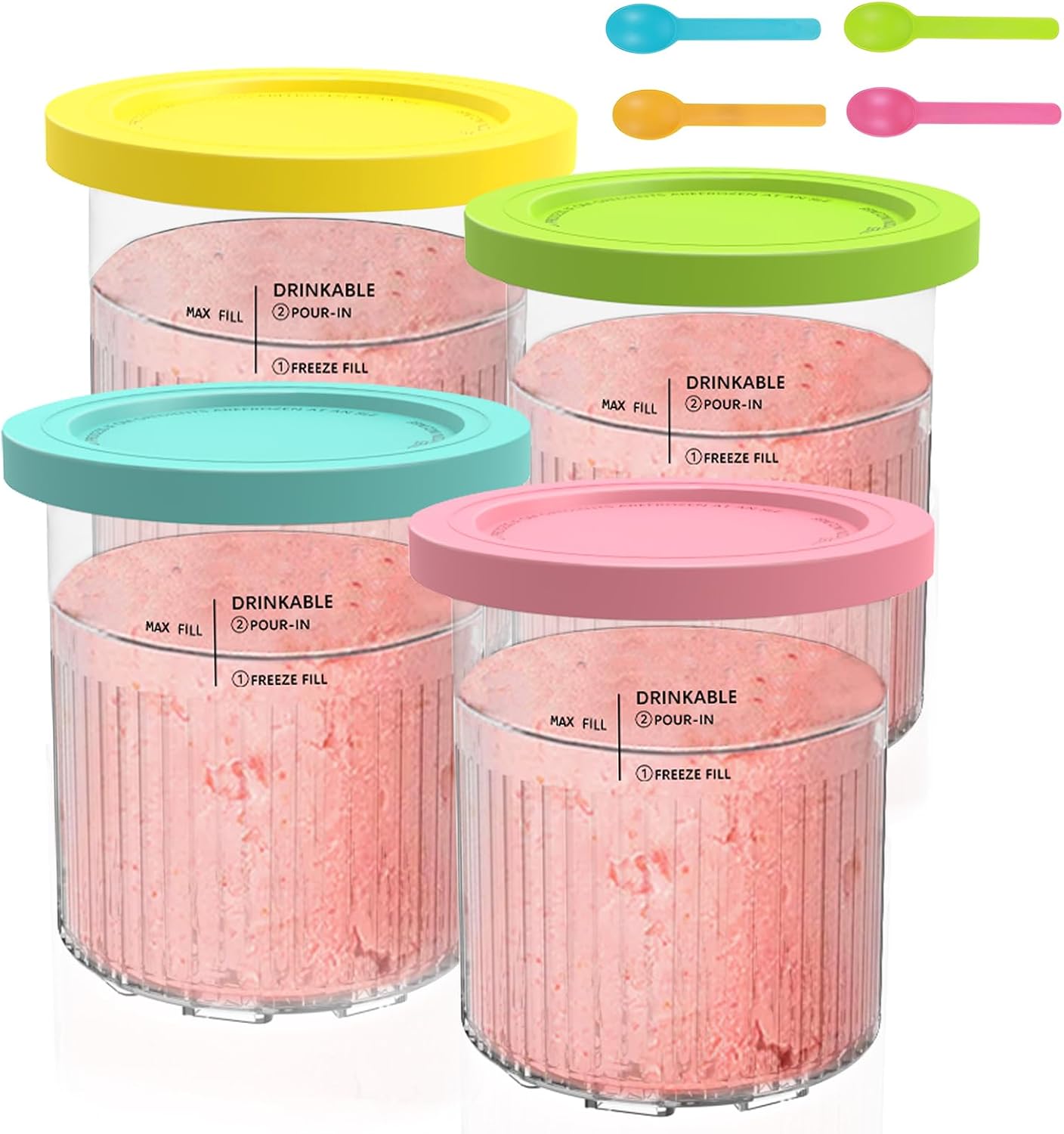 Hejo 4 Pcs Ice Cream Tubs for Ninja CREAMi Deluxe NC500 NC501 UK Series, 24 oz Pint Containers with Lid for Ninja Ice Cream Accessory Includes 4 Spoons