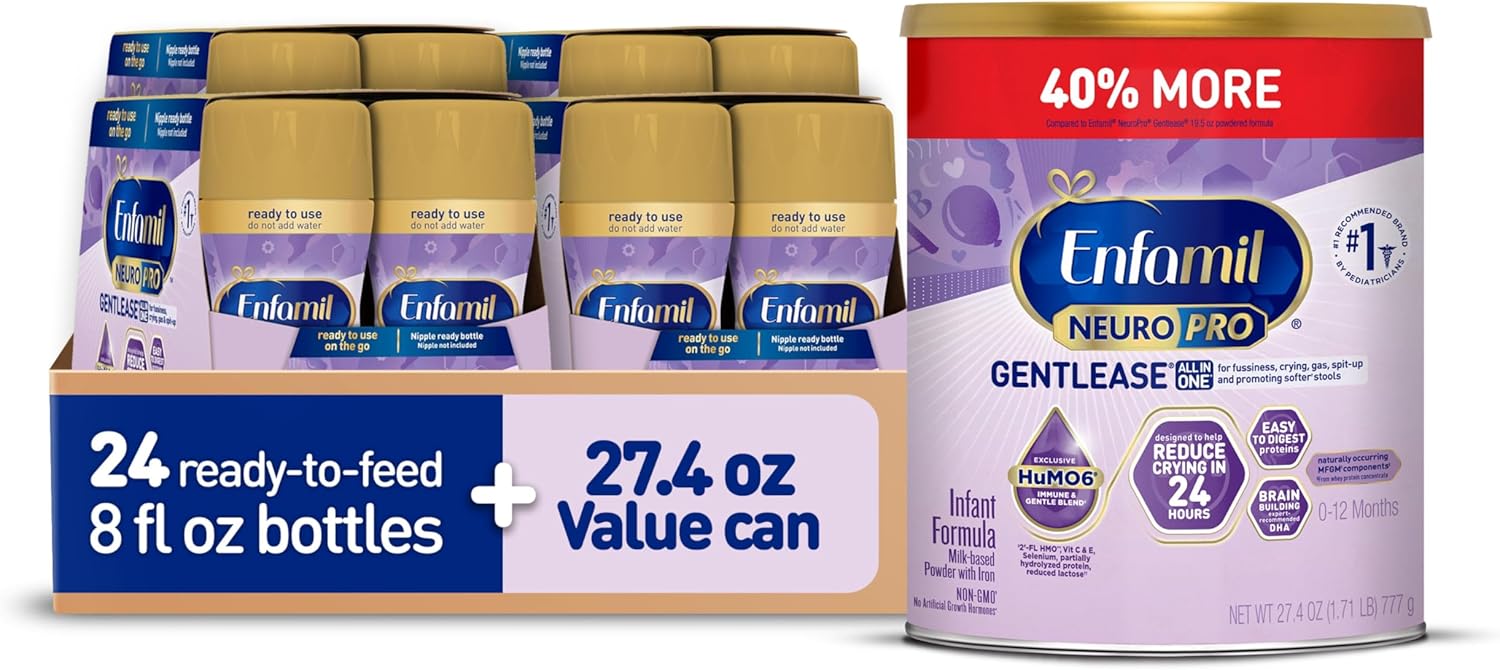Enfamil NeuroPro Gentlease Baby Formula, Brain Building DHA, HuMO6 Immune Blend, Reduce Fussiness, Crying, Gas & Spit-up in 24 Hrs, 27.4 Oz Can + Ready to Use 8 Fl Oz, 24 Bottles