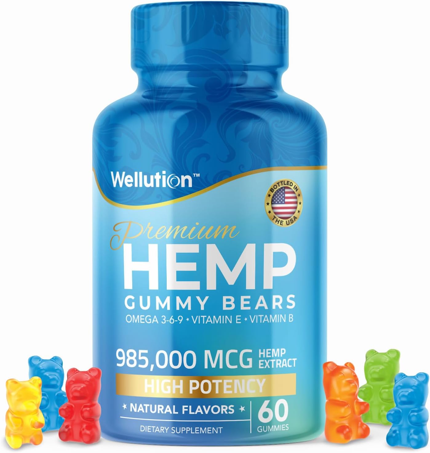 WELLUTION Hemp Gummies – High Potency 985,000 MCG – Natural Fruity Bear for Relaxation and Peace - Fast-Acting - Gluten-Free - 60ct