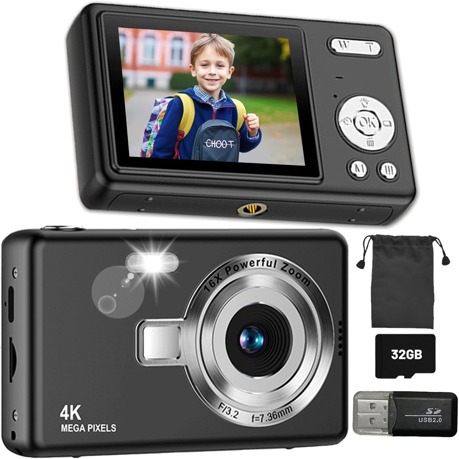 Digital Camera, Compact Digital Cameras for Beginner Kids 6-16, 1080P 44MP Simple Portable Camera Vlogging Camera with Anti-shake, Self-timer, 32GB Memory Card, 2.4" LCD Screen