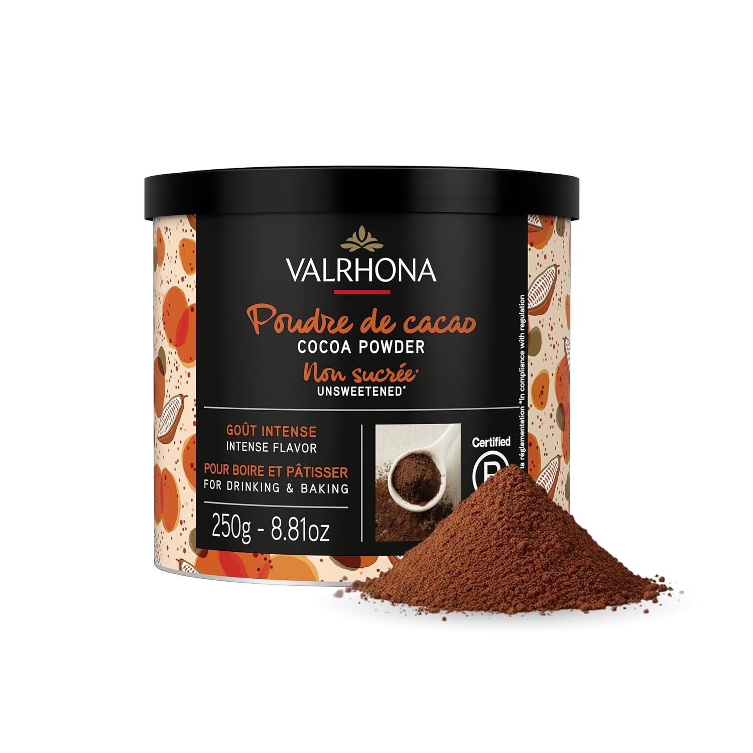 Valrhona Dark French Cocoa Powder. Chef’s Choice Cocoa Powder. Warm, Red Color, Pure, Dark, Intense Flavor, Great for Desserts and Hot Chocolate. Kosher 250g