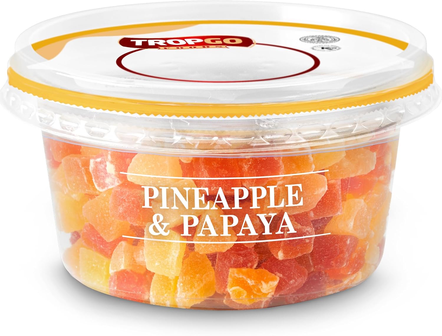 Tropgo Pineapple & Papaya 200g - Diced Fruit Snacks in Resealable and Recyclable Tub - Non-GMO, Gluten Free, Fat-Free, Additives Free - Healthy Snacks for Kids and Adults