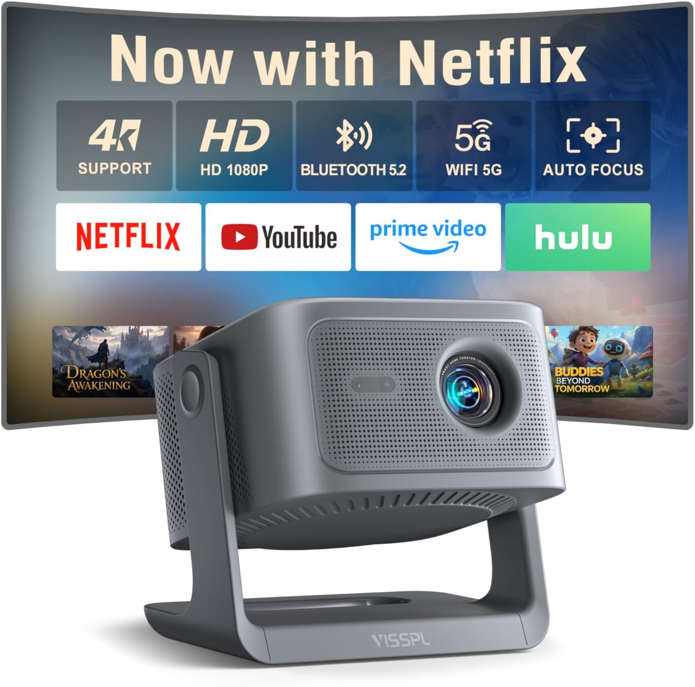 【Now with Netflix】Smart 4K Projector with WiFi and Bluetooth, VISSPL 3D Dolby Audio and Auto Focus Portable Outdoor Projector, Movie Home Theater Projectors TV Lamp Bulb for Bedroom/Ceiling