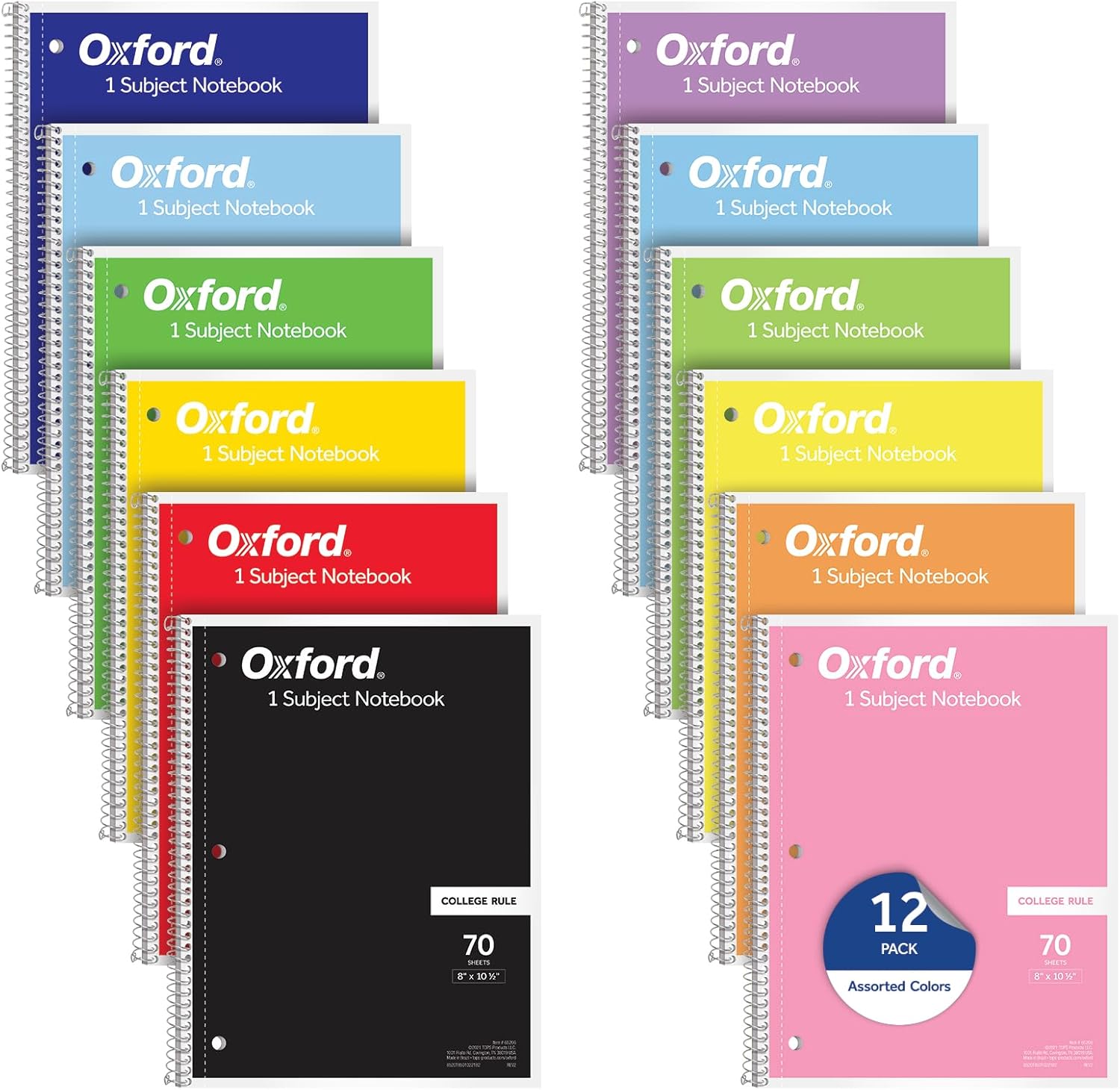 Oxford Spiral Notebook 12 Pack, Bulk College Ruled Spiral Notebooks for School, 1 Subject Writing Journal, College Ruled Paper, 8 x 10-1/2 Inches, Color Assortment May Vary, 70 Lined Sheets (65205)