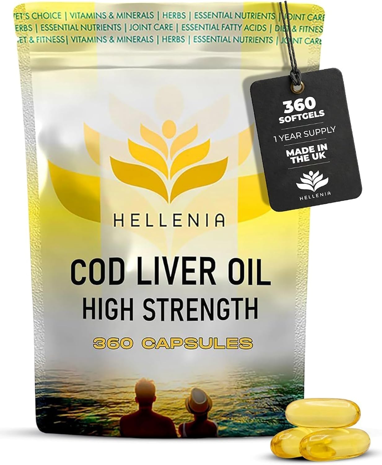 Cod Liver Oil Capsules High Strength 1000mg | 360 Fish Oil Capsules UK Made - 1 Year Supply | Rich Source of Omega 3 Essential Fatty Acids | High EPA DHA | Gluten Free - Made in the UK for Hellenia