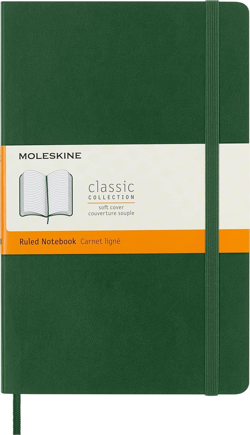 Moleskine Classic Ruled Paper Notebook - Soft Cover and Elastic Closure Journal - Color Myrtle Green - Large 13 x 21 A5 - 192 Pages