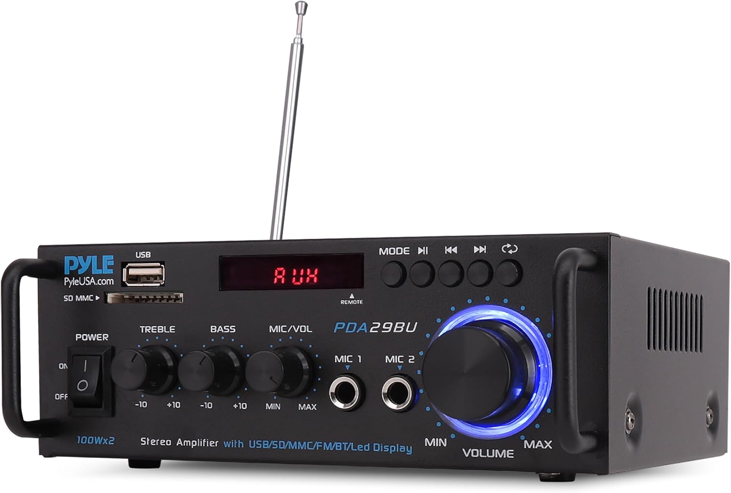 Pyle 200W Wireless Bluetooth Stereo Power Amplifier - Dual Channel Audio Receiver with RCA - USB - SD - MIC IN - FM Radio - AUX Input - Remote Control for Home Theater & Studio Use - PDA29BU