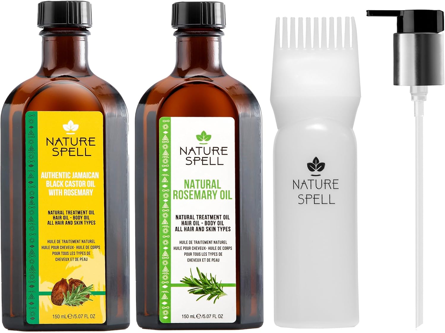 Nature Spell Rosemary Oil for Hair Growth & Pre-Diluted Jamaican Black Castor Oil, Hair Care Set With Applicator & Pump, 2 x 150ml